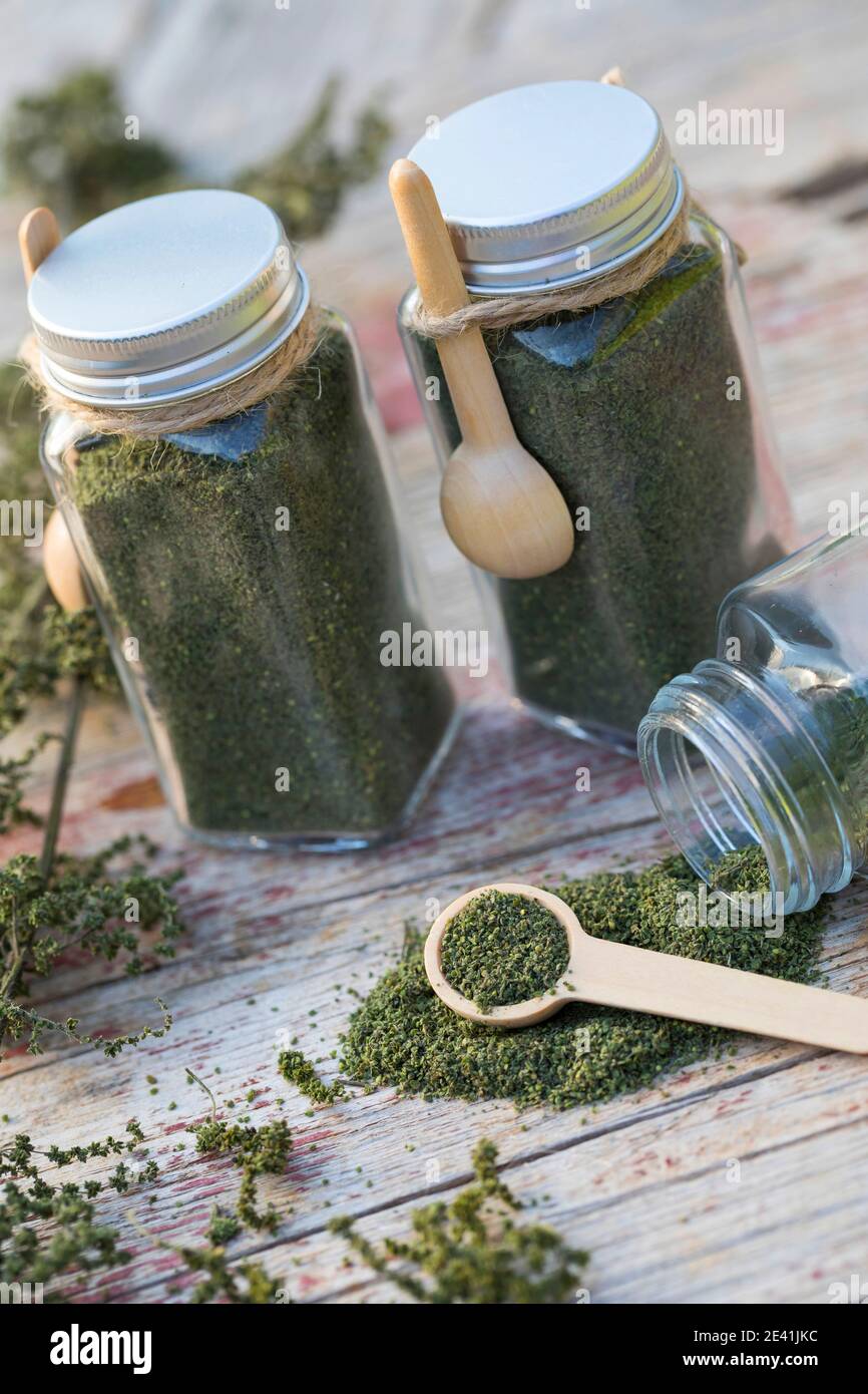Ortiga picada (Urtica dioica), semillas de ortiga seca en recipientes de vidrio con cucharas de madera, Alemania Foto de stock