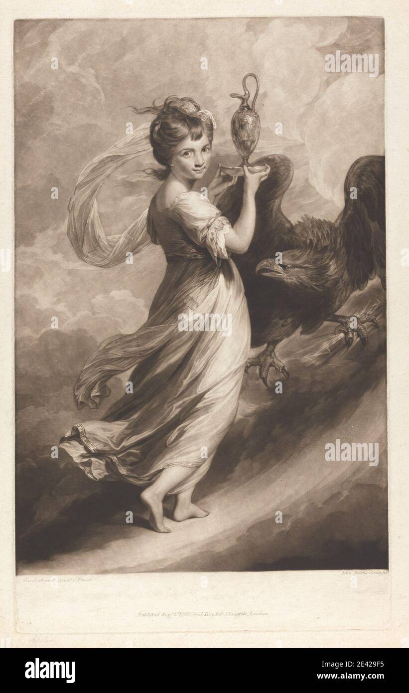 Impreso de Johann Jacobé, 1733-1797, austriaco, Hebe, 1780. Mezzotinta  sobre papel de color crema moderadamente grueso, ligeramente texturado.  Nubes , plato , águila (pájaro) , Alcantarillado , diosa , cielo , Hebe