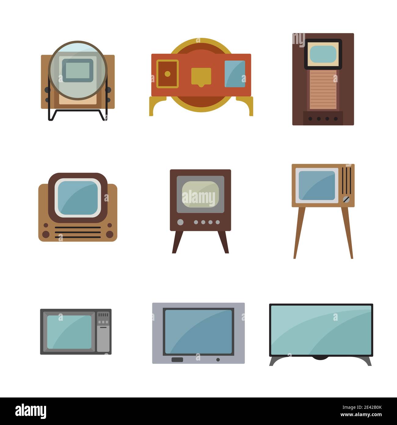 Historia de la televisión. Evolución. Conjunto de iconos vectoriales de  diseño de color plano. Ilustración Imagen Vector de stock - Alamy