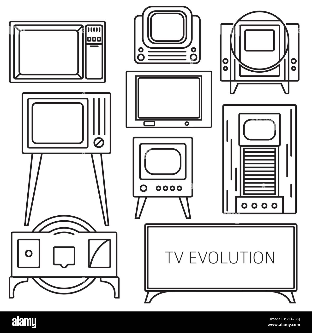 Historia de la televisión. Evolución. Conjunto de iconos vectoriales de