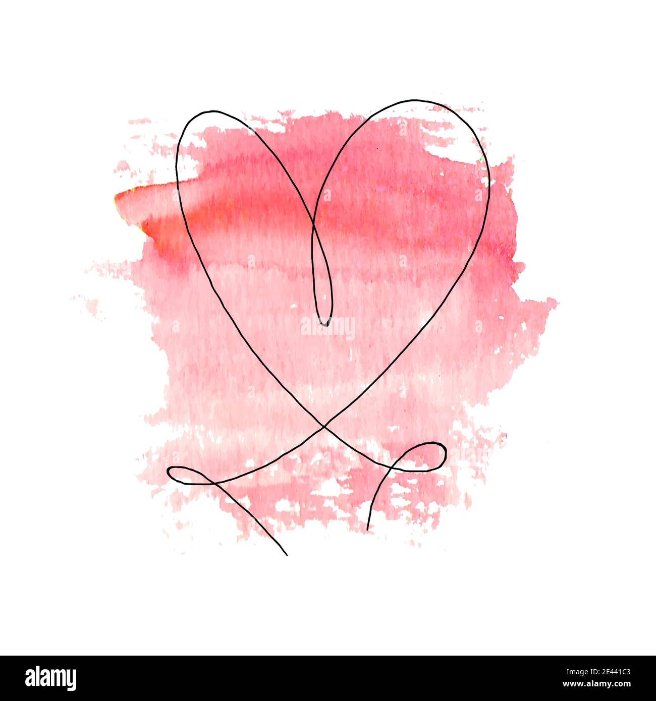 Corazón dibujado a mano con contorno negro y mancha roja de acuarela aislada sobre fondo blanco. Línea continua en forma de corazón. Un dibujo de línea. Templat Ilustración del Vector