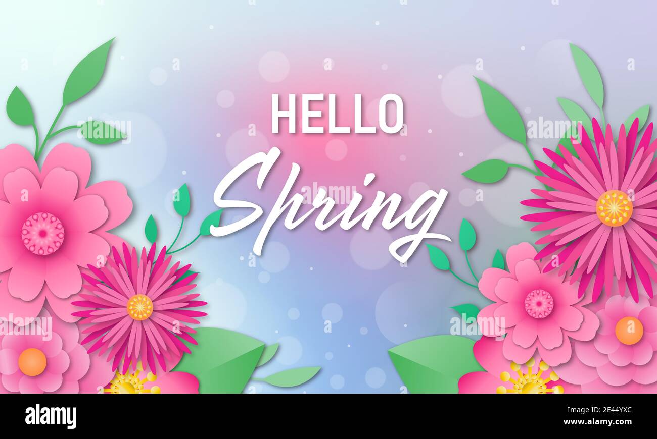 Hola primavera de fondo con hermosas flores. Estilo simple de corte de papel.  Diseño para su banner, papel tapiz, volante, invitación, cartel, folleto,  vouch Imagen Vector de stock - Alamy