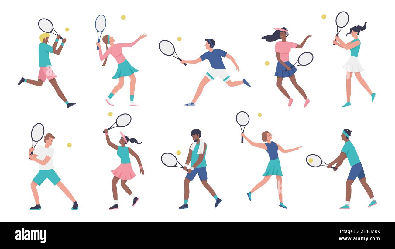 Entrenamiento jugando al tenis vector ilustración conjunto. Dibujos animados joven hombre hombre deportistas personajes deportivos en uniforme deporte jugar al tenis, los jugadores que sostienen raquetas y golpear colección de pelota aisladas sobre blanco Ilustración del Vector