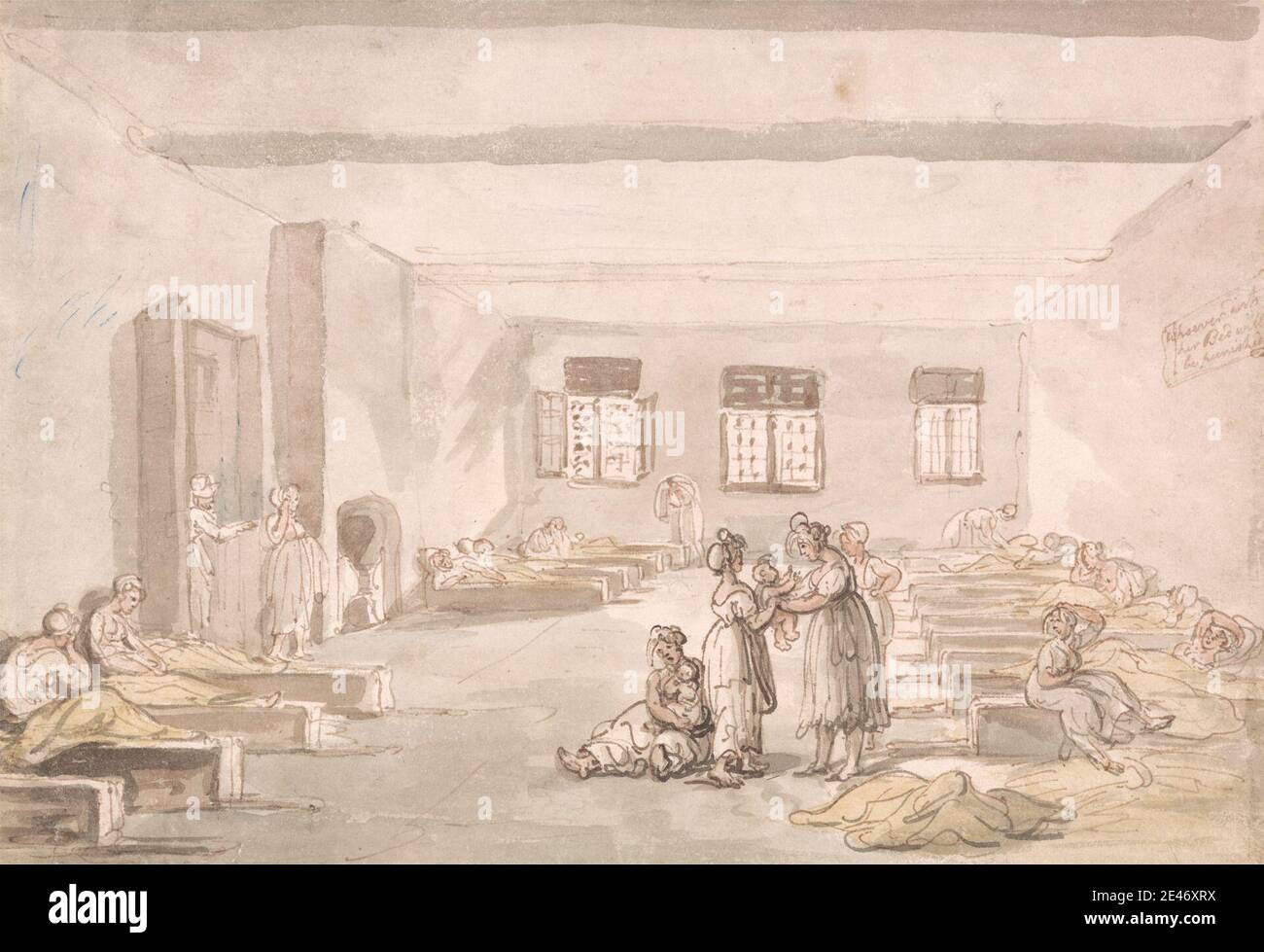 Thomas Rowlandson, 1756–1827, británico, Bridgewell, The Pass Room, House  of Correction, sin fecha. Acuarela con pluma y tinta roja-marrón y grafito  sobre medio, moderadamente texturado, blanco azulado, papel de hoja. Vigas  (elementos