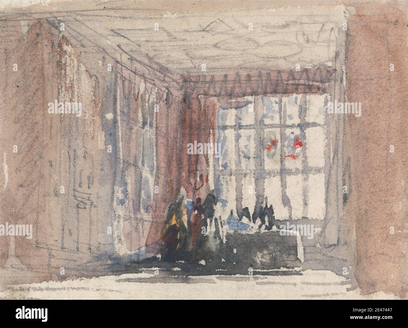 David Cox, de 1783 a 1859 años, británico, un salón Tudor con figuras, posiblemente Hardwick Hall o Haddon Hall, de mediados a finales de la década de 1830. Grafito y acuarela sobre papel de move de color crema, de textura media. Tema arquitectónico, figuras, interior, habitación, Tudor Foto de stock