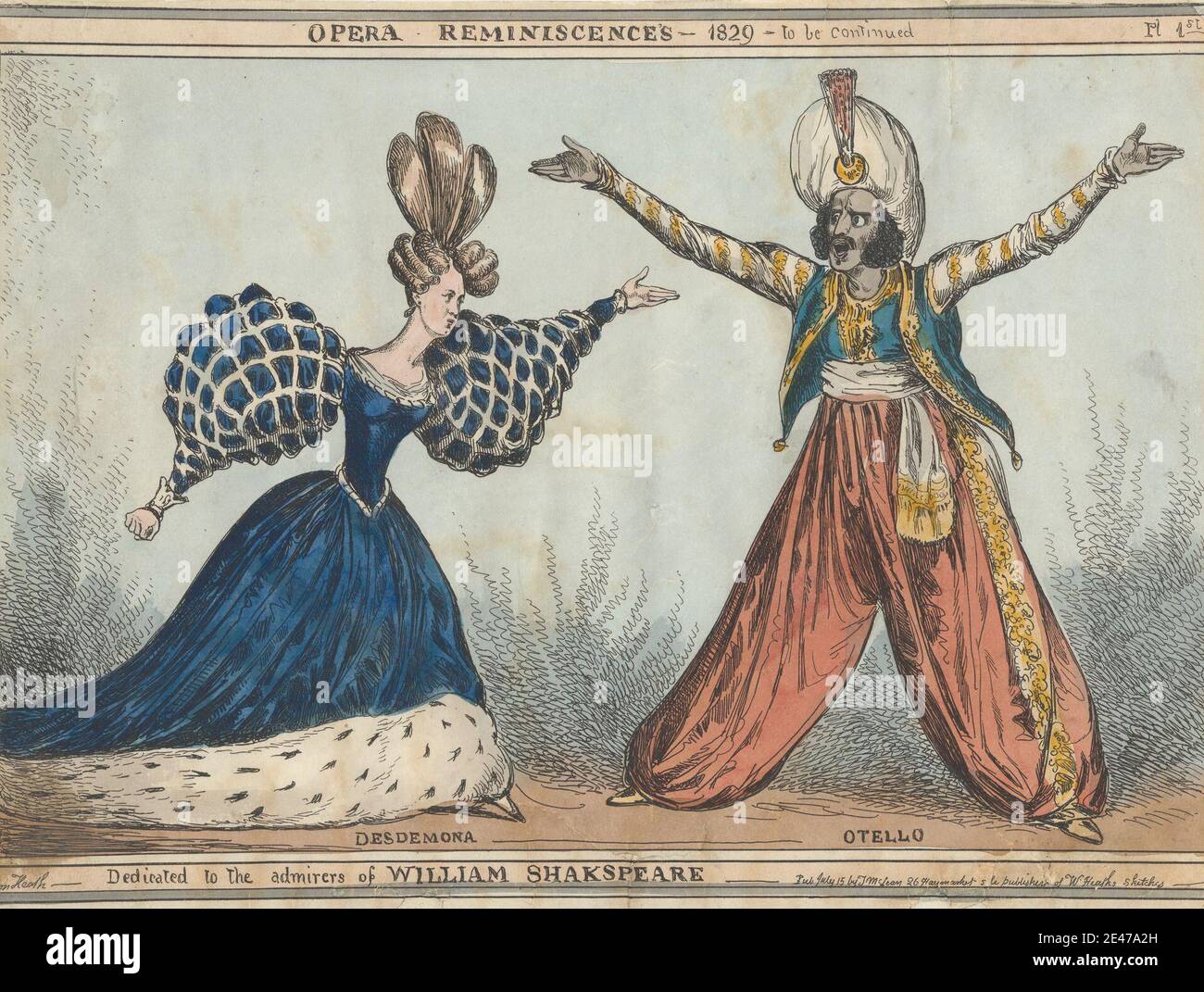 Impreso de William Heath, 1795–1840, British, Opera Reminiscences:  Desdemona y Othello, 1829. Aguafuerte, coloreado a mano sobre papel de move  beige moderadamente grueso, ligeramente texturizado. Disfraz , vestidos ,  tema literario ,
