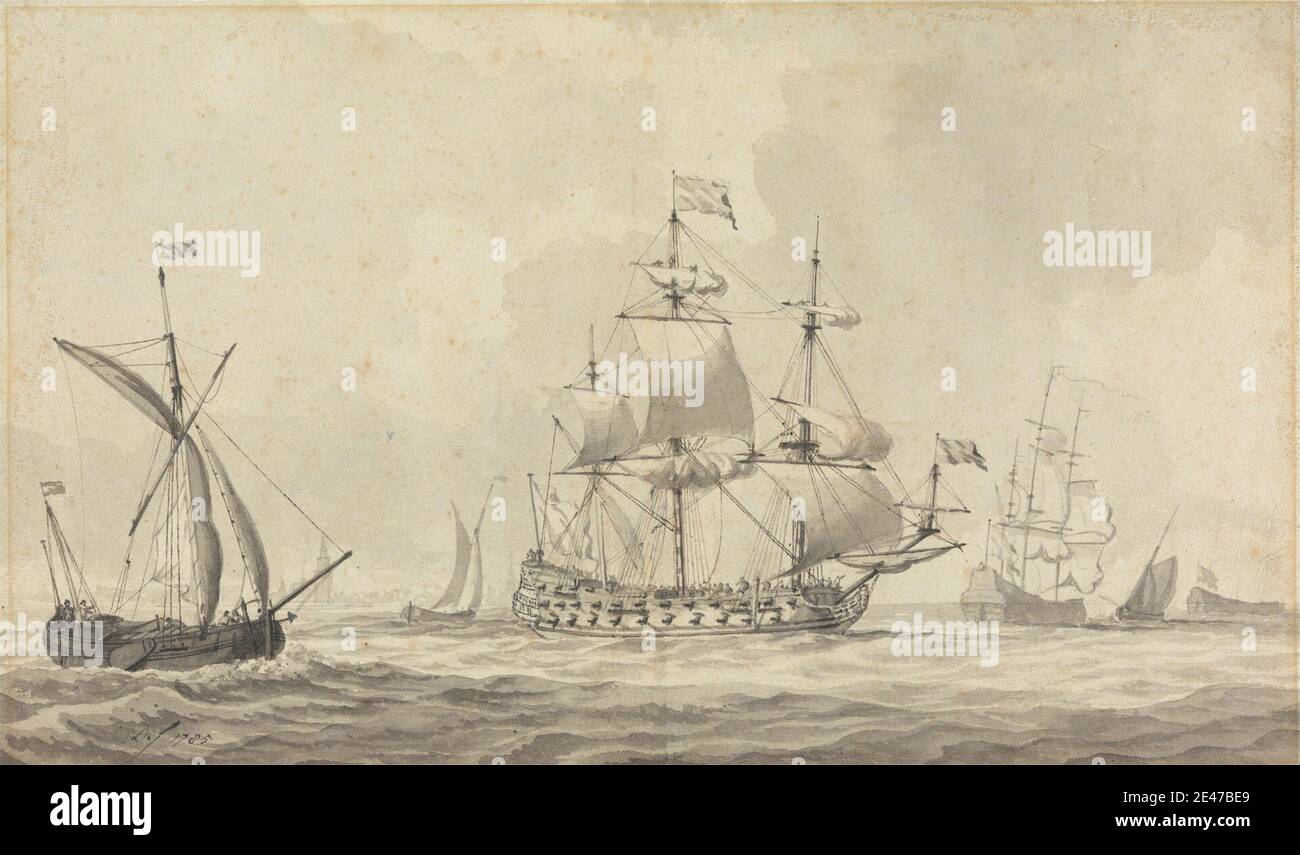 Dominic Serres RA, 1722–1793, francés, activo en Gran Bretaña (desde la década de 1750), Warships in a Stiff Breeze frente a la costa holandesa, 1785. Pluma y tinta y gris lavar sobre grafito en papel de color crema medio, ligeramente texturado, líneas de costa , navies , océanos , buques de guerra. Nederland Foto de stock