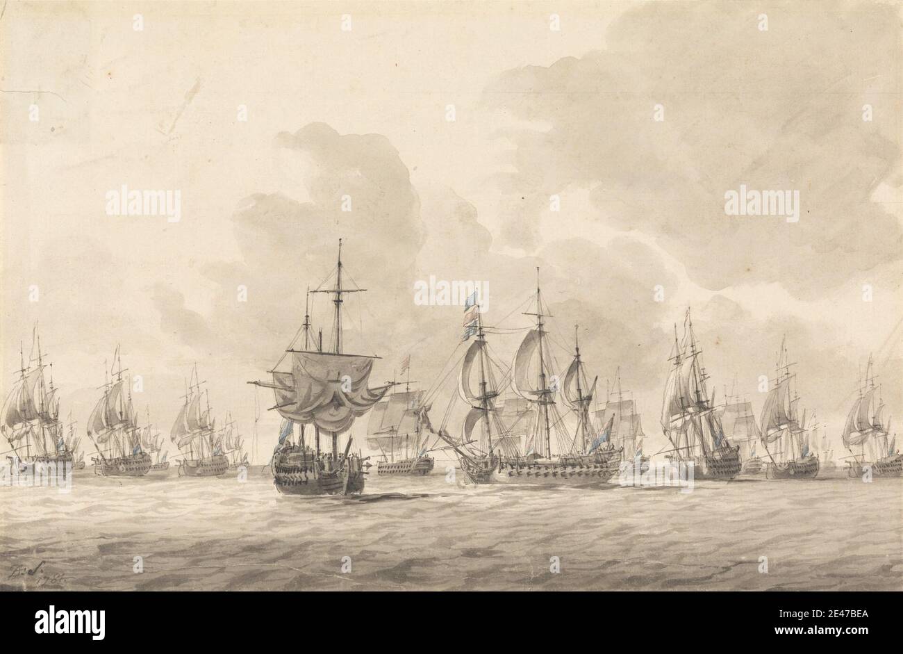 Dominic Serres RA, 1722–1793, francés, activo en Gran Bretaña (desde la década de 1750), la Batalla del Banco Dogger, 5 de agosto de 1781, 1781. Pluma y tinta gris y lavado gris con trazas de acuarela sobre grafito en Crema, moderadamente texturizada, delgada, papel laico. Batallas , Cuarta Guerra Anglo-Holandesa, 1780–1784 , arte marino , mar , navieras , guerras. Mar del Norte Foto de stock