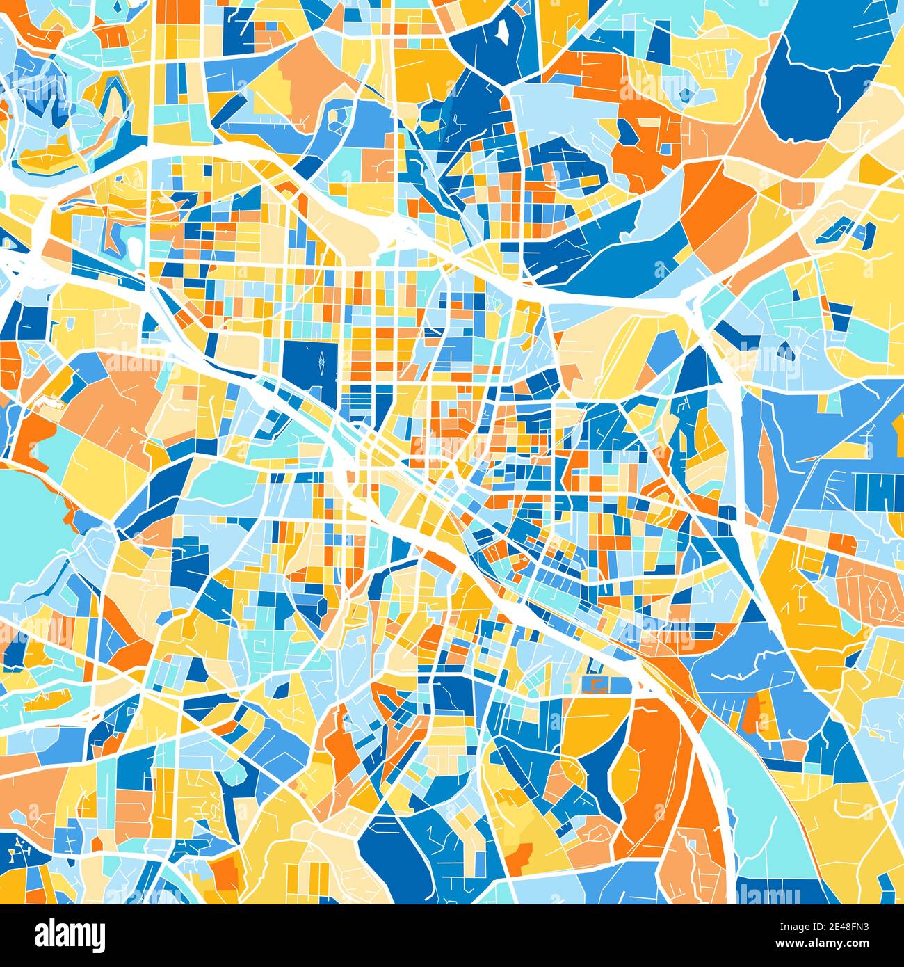 Mapa de arte en color de Durham, Carolina del Norte, UnitedStates en azules y naranjas. Las gradaciones de color en el mapa de Durham siguen un patrón aleatorio. Ilustración del Vector