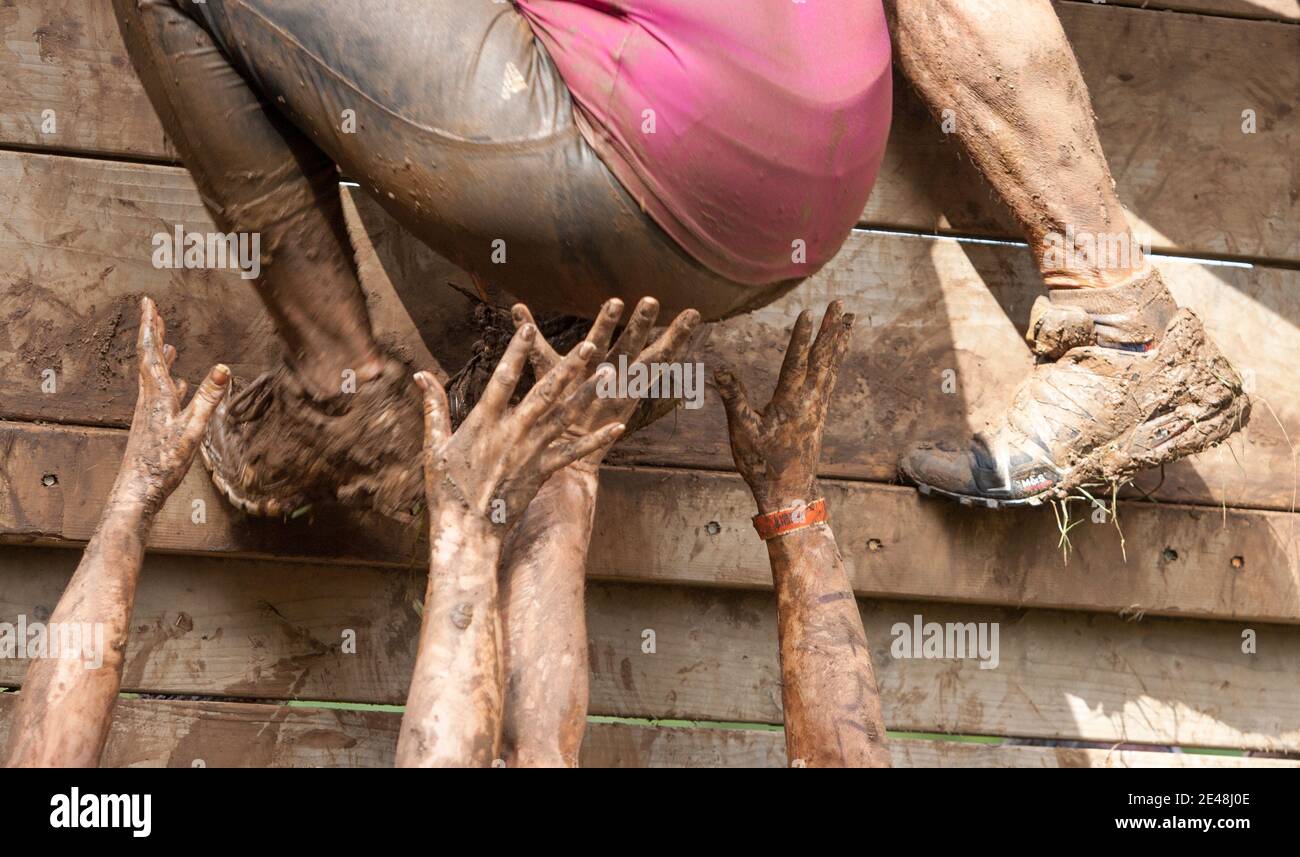 Patas embarradas resbalando y deslizándose por todo el lugar como intentan subir una barrera de madera resbaladiza durante un Evento de resistencia a la mudder dura Foto de stock