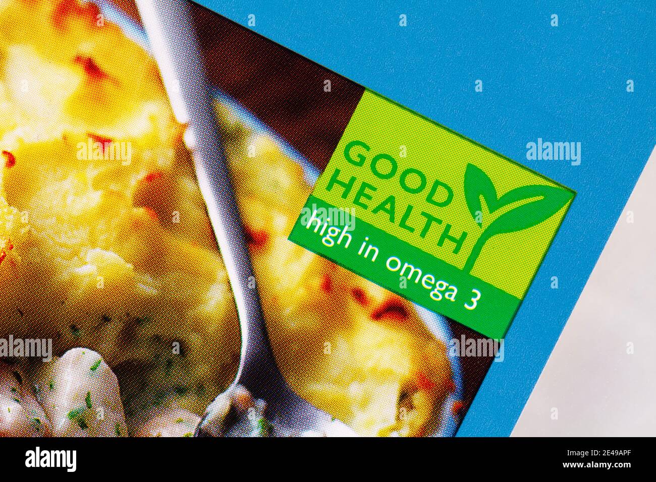 Buena salud alto en omega 3 símbolo logotipo en el paquete De peces Waitrose Foto de stock