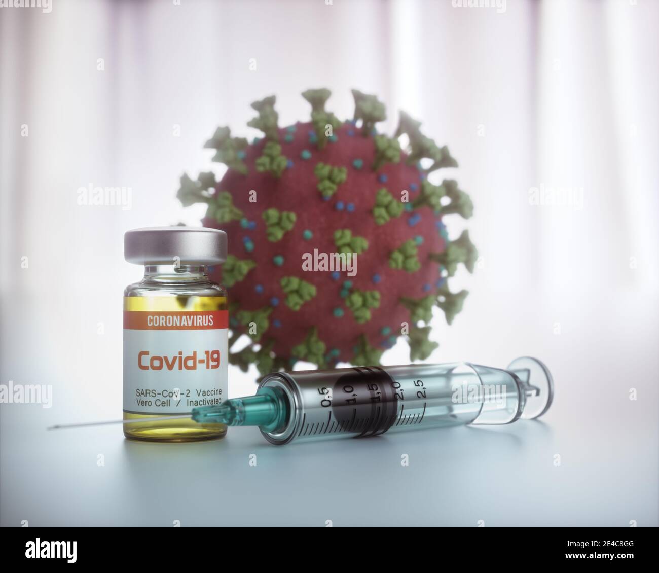 Imagen conceptual para el descubrimiento de una vacuna para el Covid-19, Coronavirus, 2019-nCoV, SARS-CoV-2. Ilustración 3D. Foto de stock