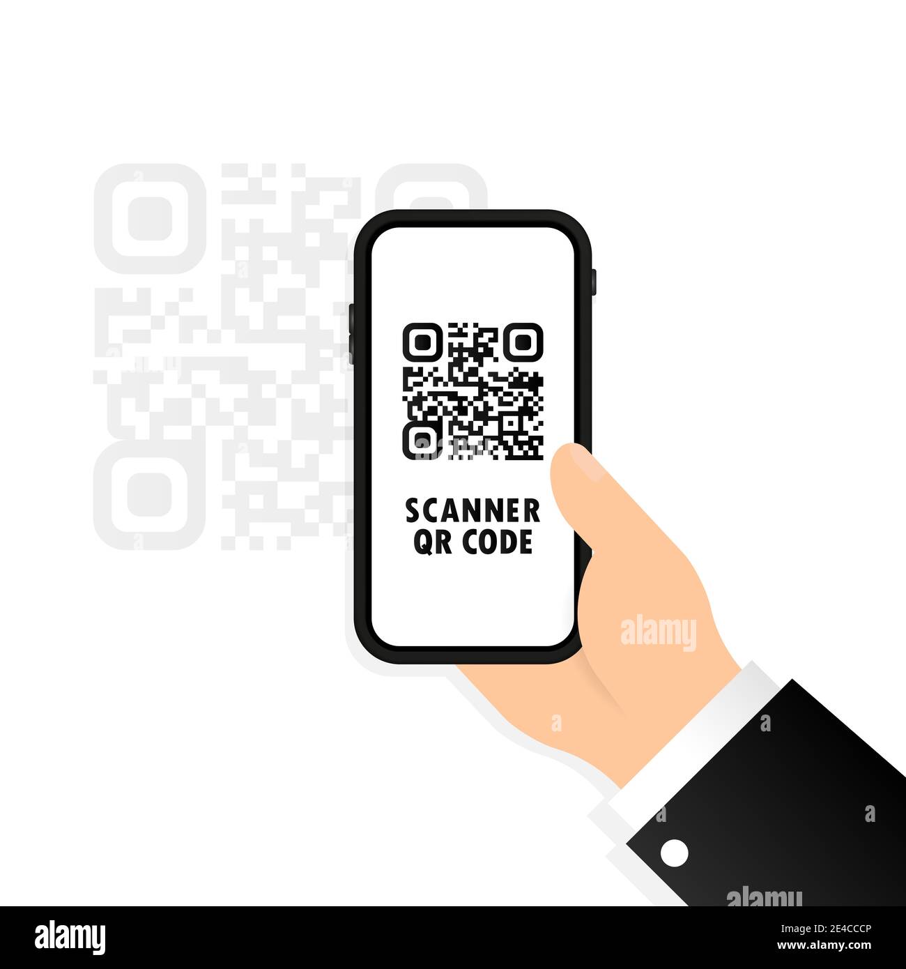 Icono de escáner QR. Teléfono móvil en la mano escanea el código QR.  Escanee el código qrcode con un teléfono móvil. Captura el código qr en tu  teléfono móvil. Para pago digital