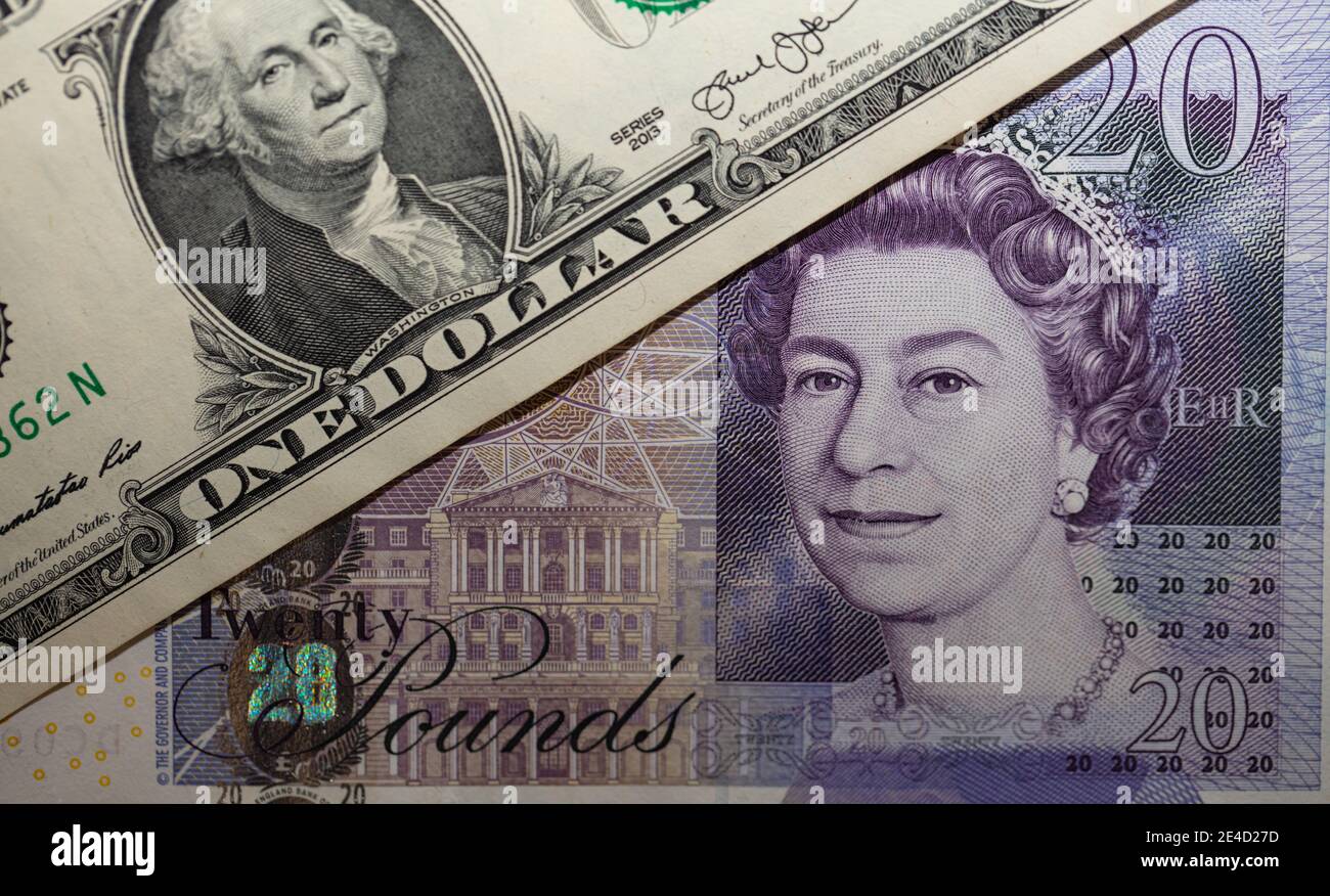 billete de 100 dólares y billete de 20 libras esterlinas para diseño