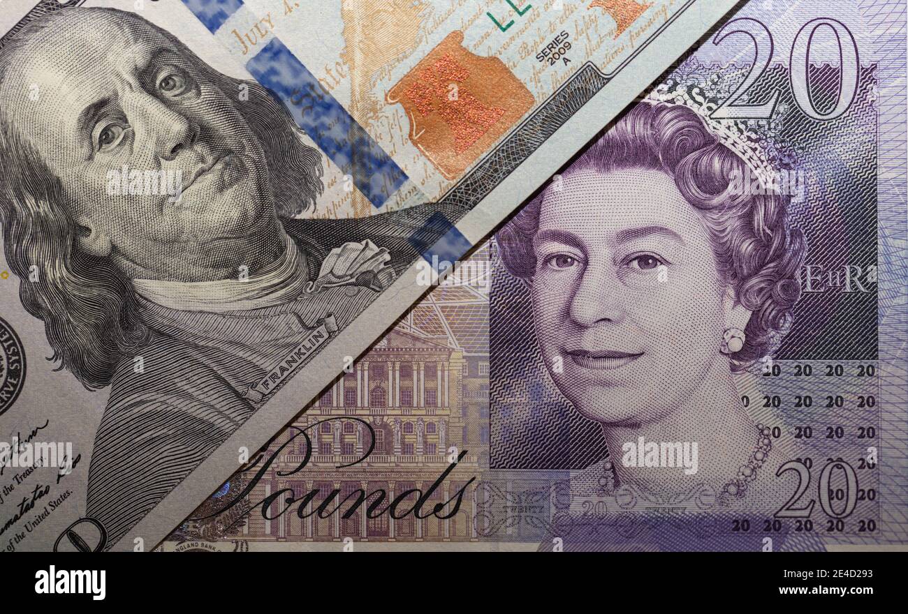 billete de 100 dólares y billete de 20 libras esterlinas para diseño