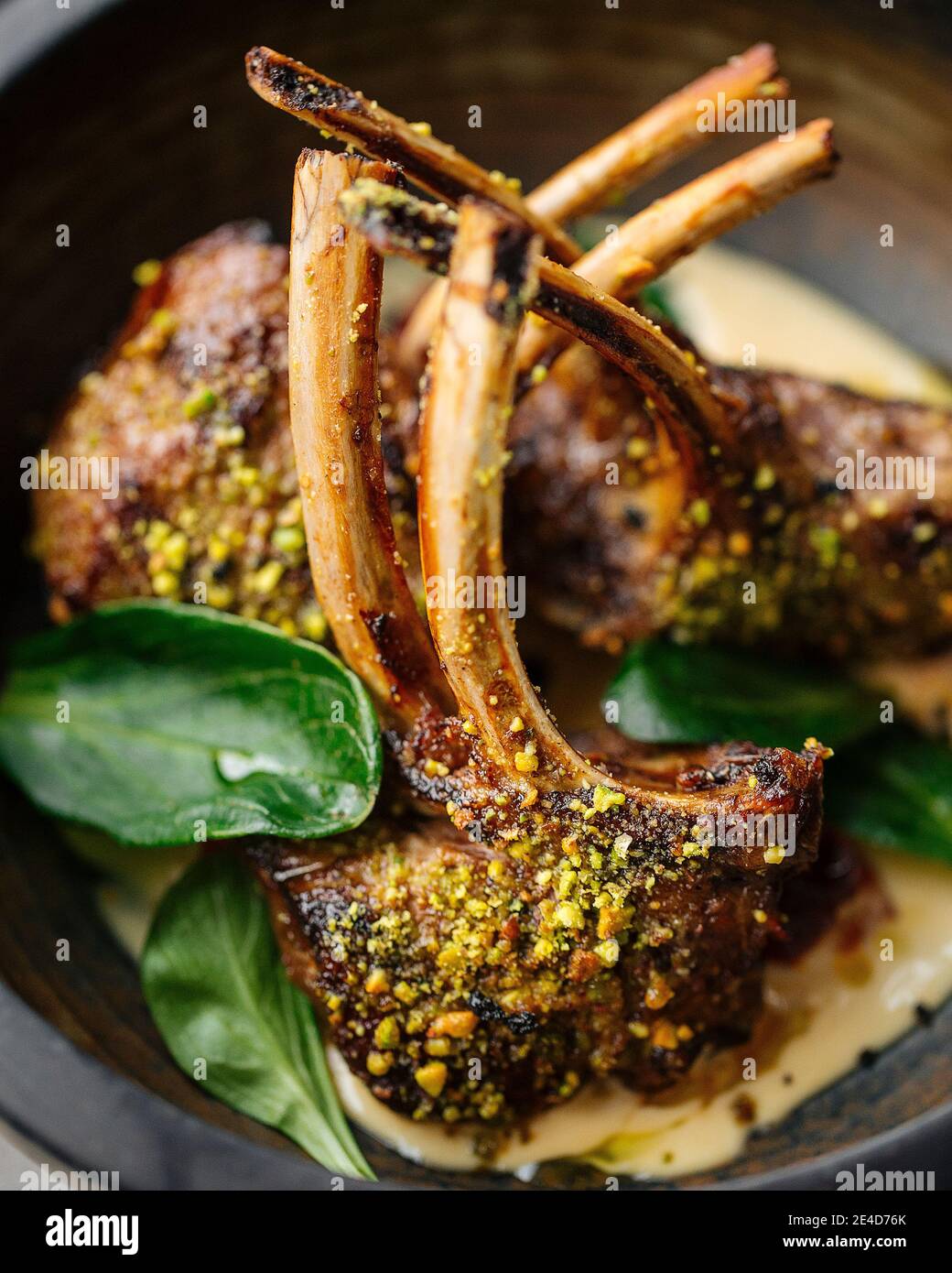 Costillar de cordero asado con hierbas y salsa Foto de stock