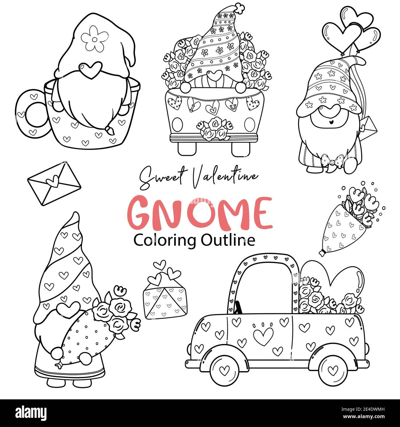 Cute Valentine Gnome colorear colección de contorno, juego de sellos  digitales de San Valentín dulce, dibujo de fideos de dibujos de dibujos de  dibujos Gnome Imagen Vector de stock - Alamy