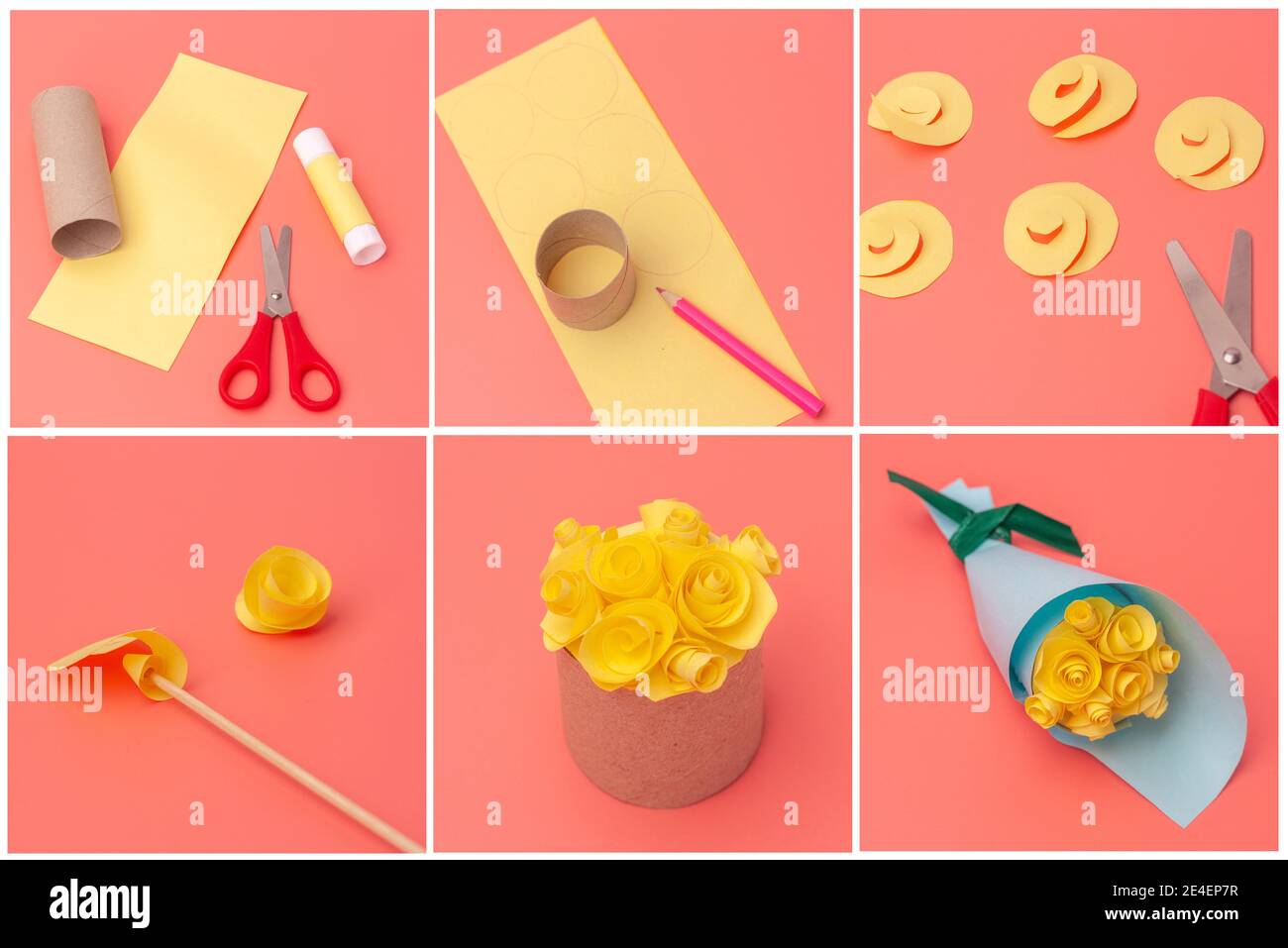 Primavera vacaciones concepto de artesanía para niños, papel fácil flores  proyecto de arte, bricolaje, tutorial Fotografía de stock - Alamy