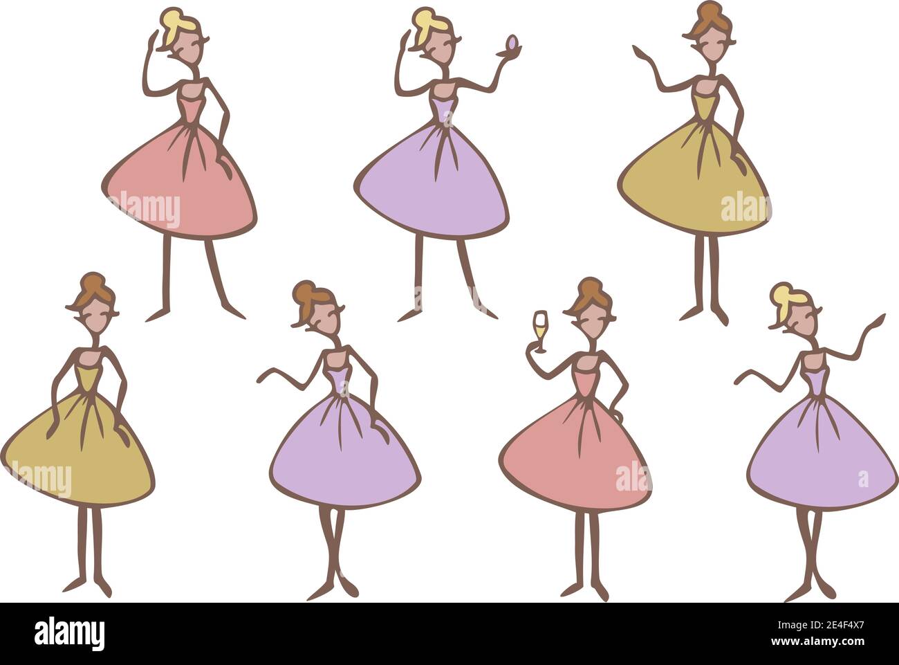 Vector conjunto con personaje de caricatura dama. Señoras en vestidos de  colores en diferentes poses. Mujer con caja de polvo Imagen Vector de stock  - Alamy