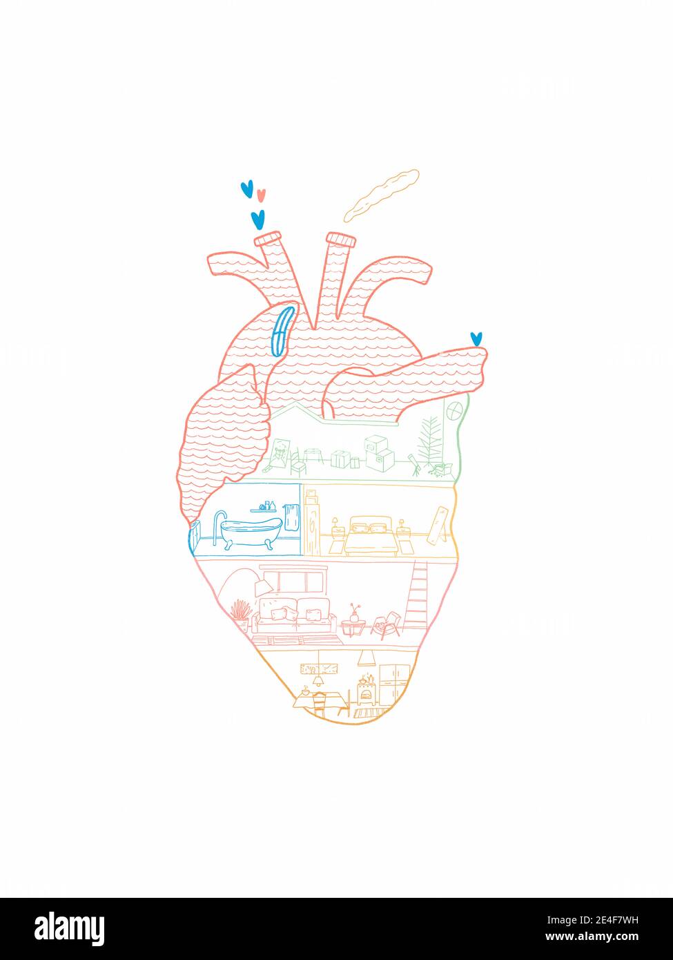 Dibujo a mano de una casa dentro de la forma del corazón Foto de stock