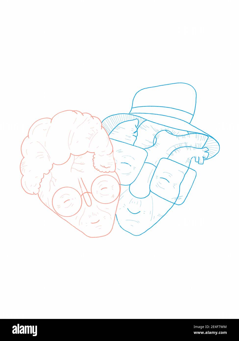 Dibujo a mano de una pareja encantadora y vieja de corazón y cerebro Foto de stock