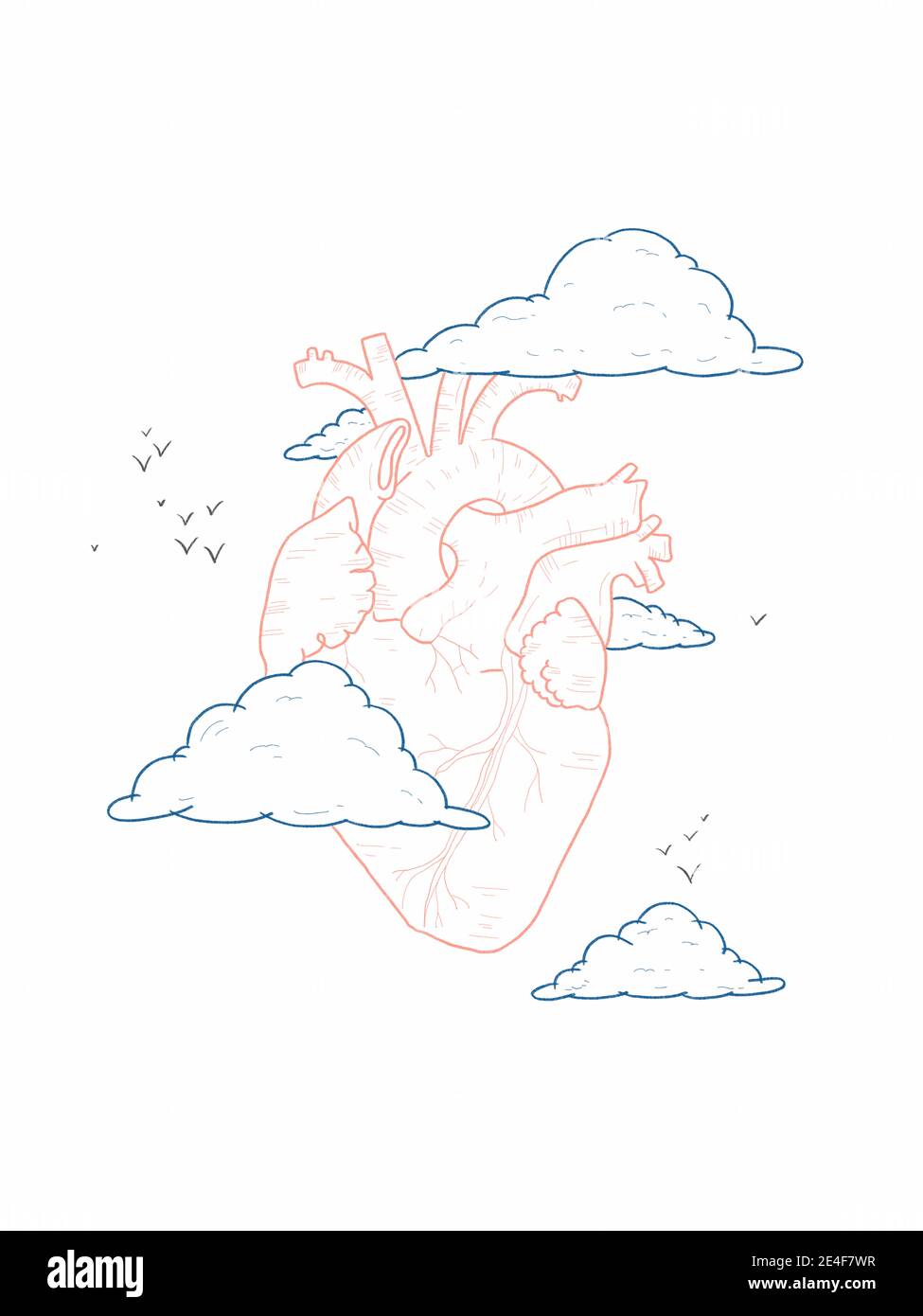 Dibujo a mano Ilustración de un corazón entre nubes - nuestro el corazón es nuestro sol Foto de stock