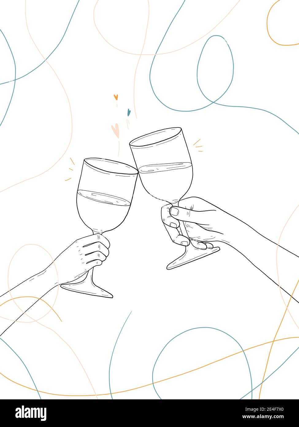 Dibujo a mano de dos personas celebrando con un copa de vino Foto de stock