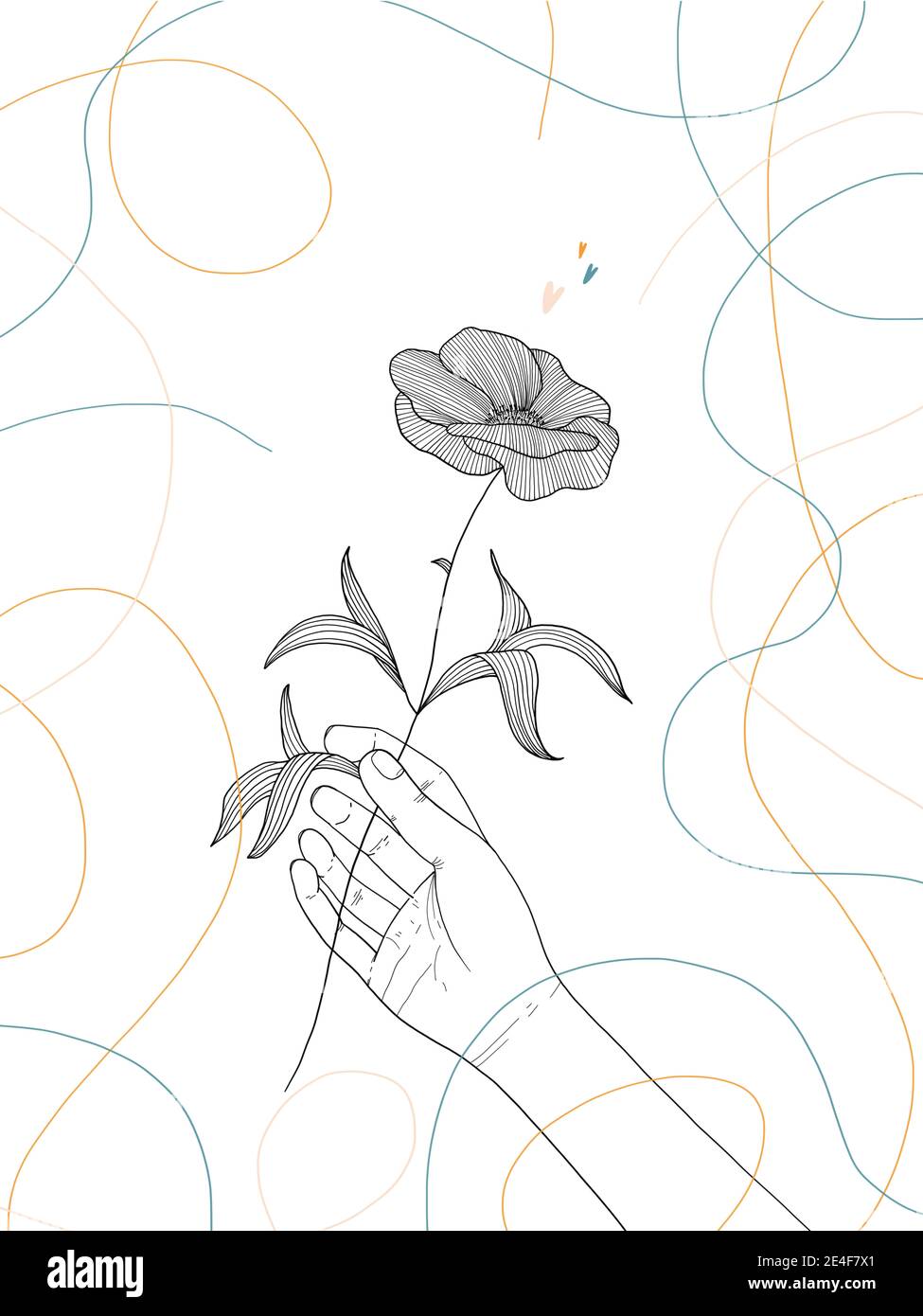 Dibujo a mano ilustración de una mano humana sosteniendo una flor Foto de stock