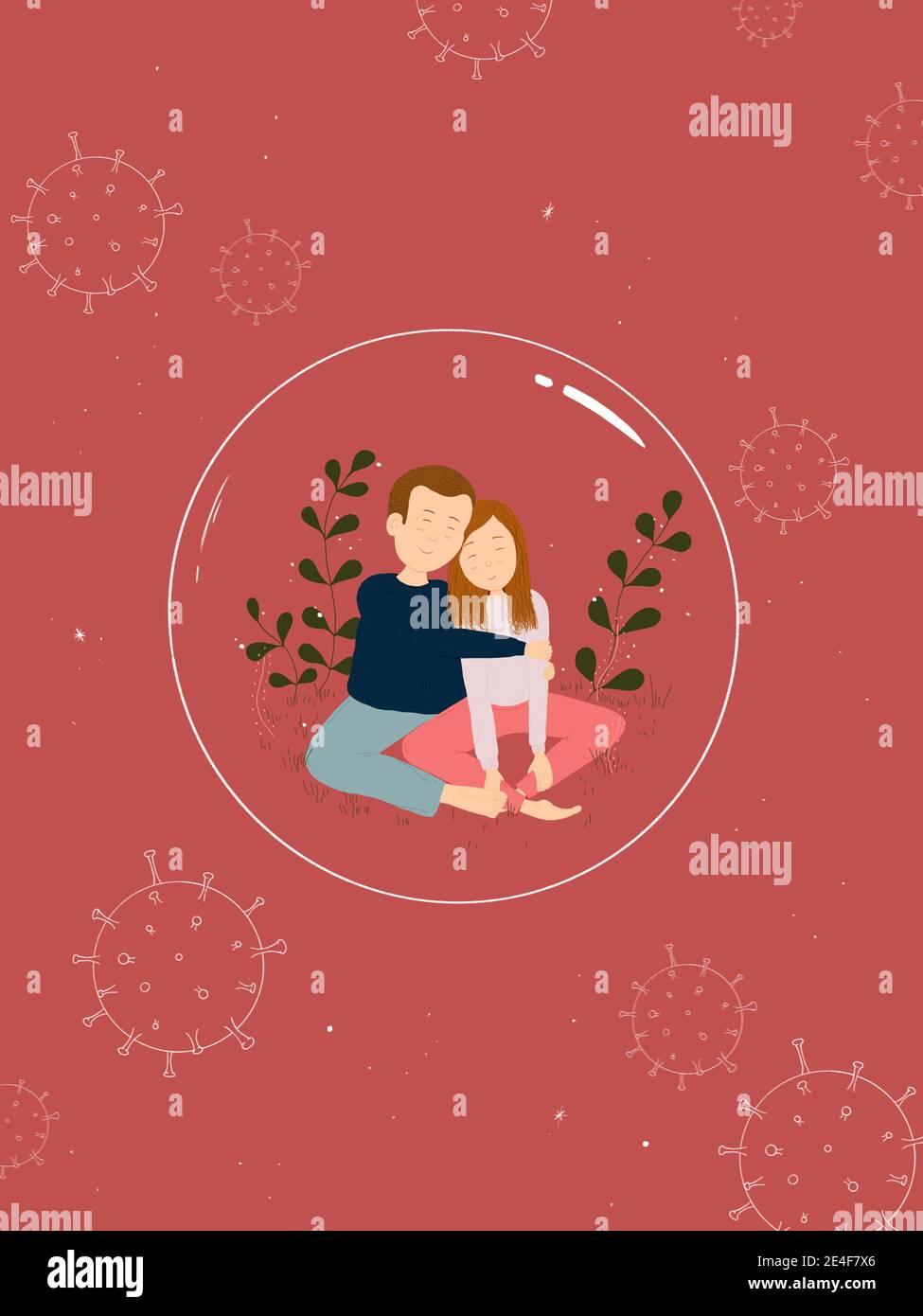 Ilustración de una pareja romántica dentro de una burbuja protectora. Día de San Valentín durante la pandemia del virus de la Corona Foto de stock