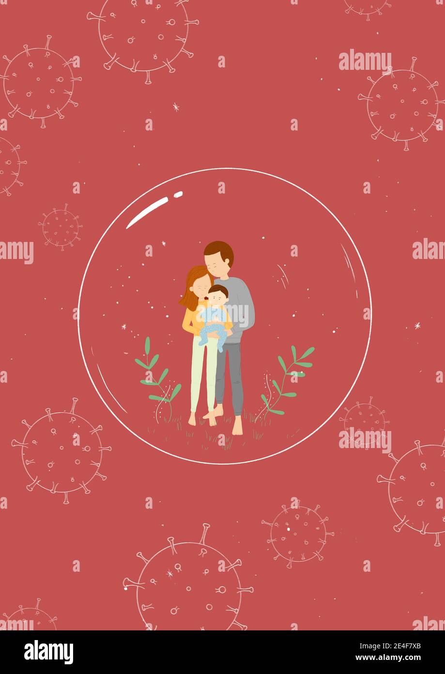 Ilustración de una pareja con un bebé dentro de un protector Burbuja durante la pandemia del virus de la Corona Foto de stock