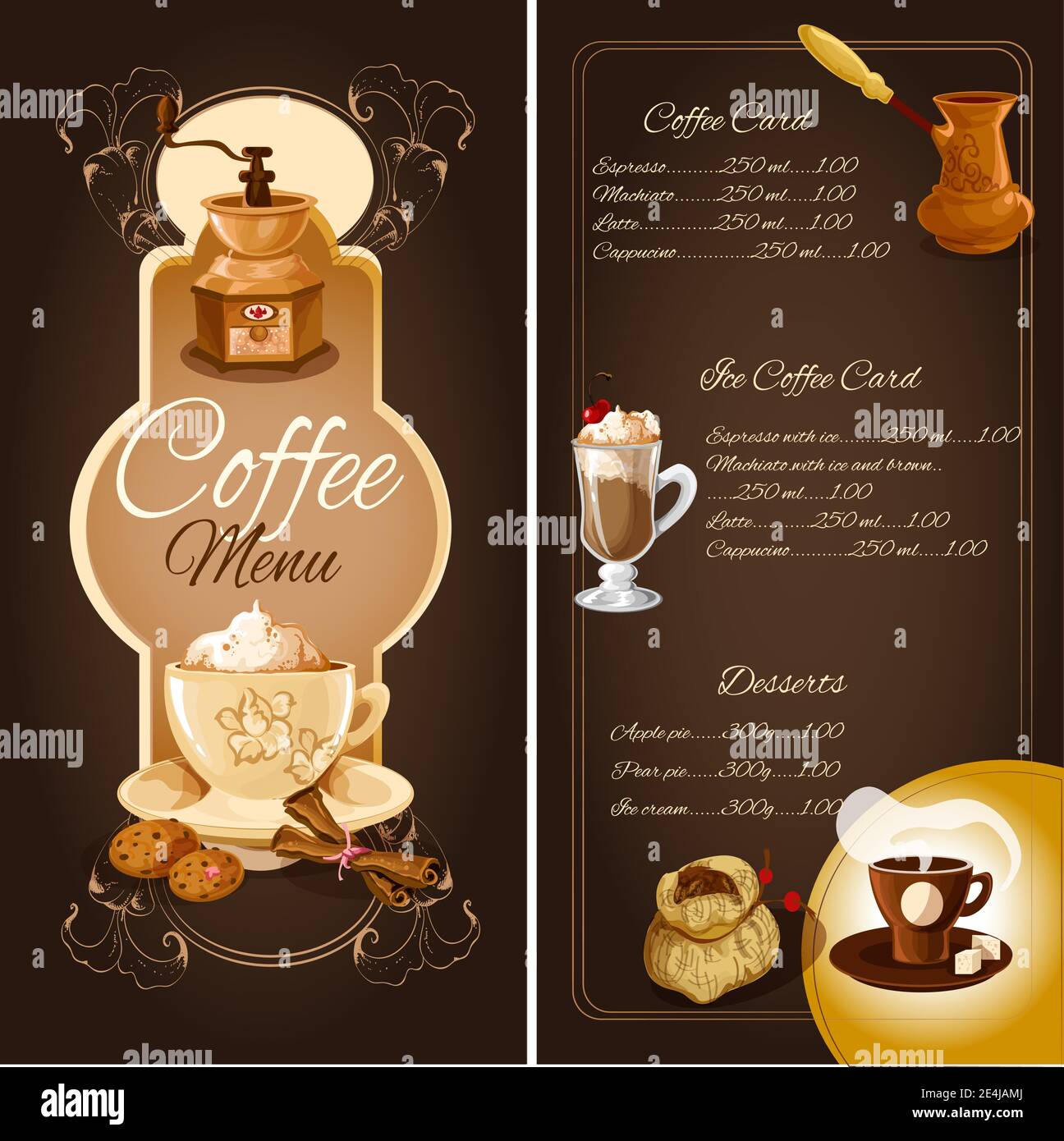 Plantilla de la lista del menú del café con los elementos del helado del  café de los postres y ornamento vector ilustración Imagen Vector de stock -  Alamy