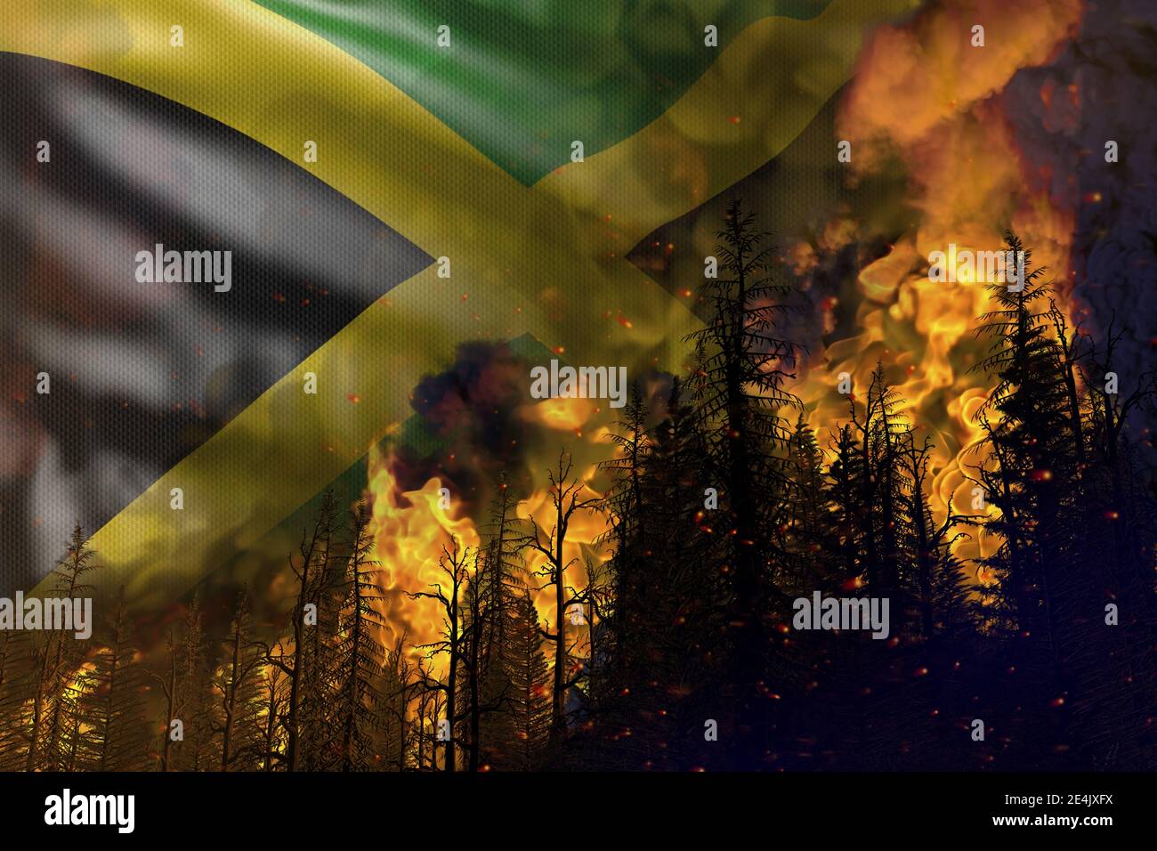 Incendio forestal concepto de desastre natural - fuego infernal en el woods sobre Jamaica fondo de la bandera - 3D ilustración de la naturaleza Foto de stock