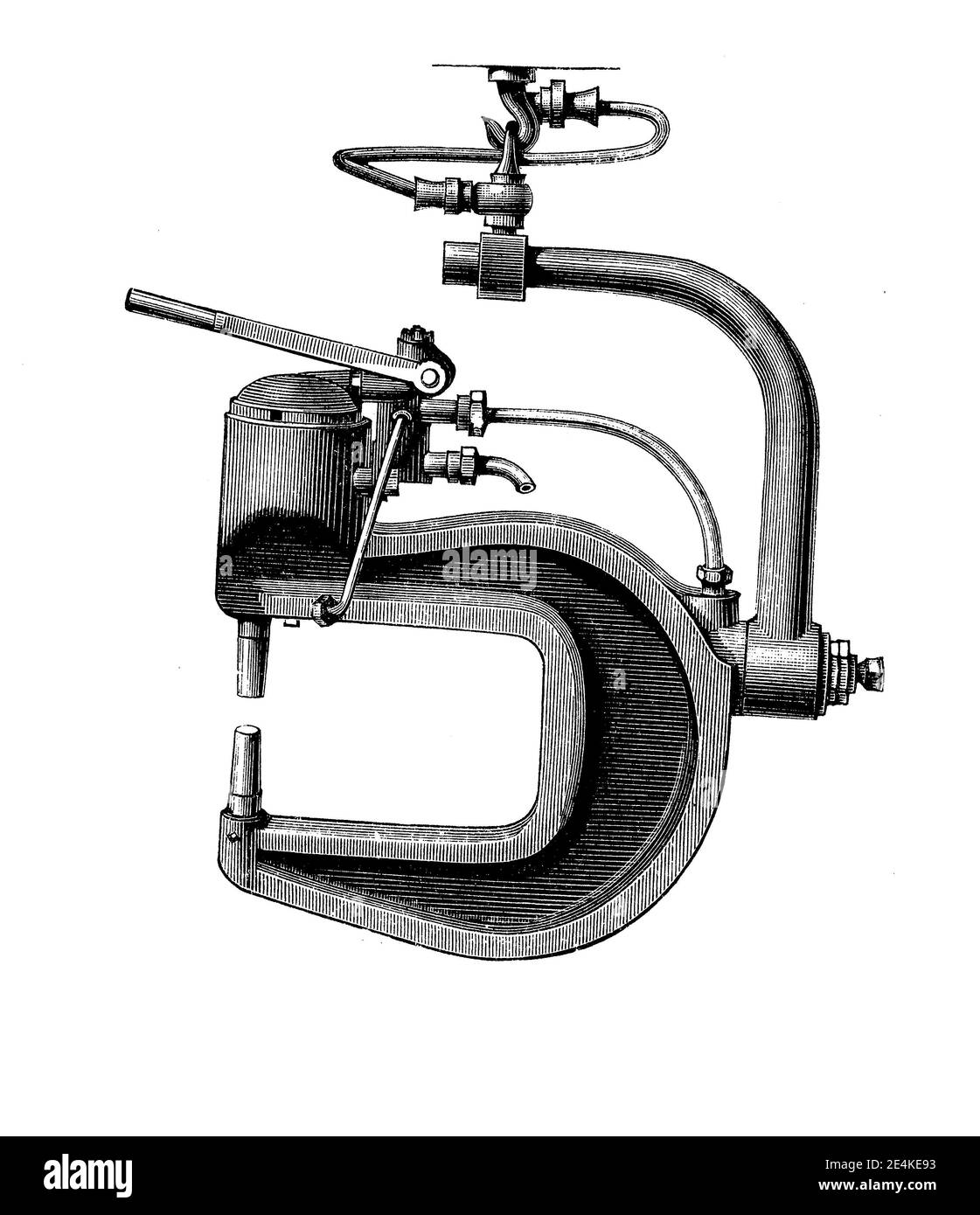 El remachador hidráulico portátil inventado por Ralph Hart Tweddell facilitó enormemente la construcción de calderas, puentes y barcos, grabado del siglo 19 Foto de stock