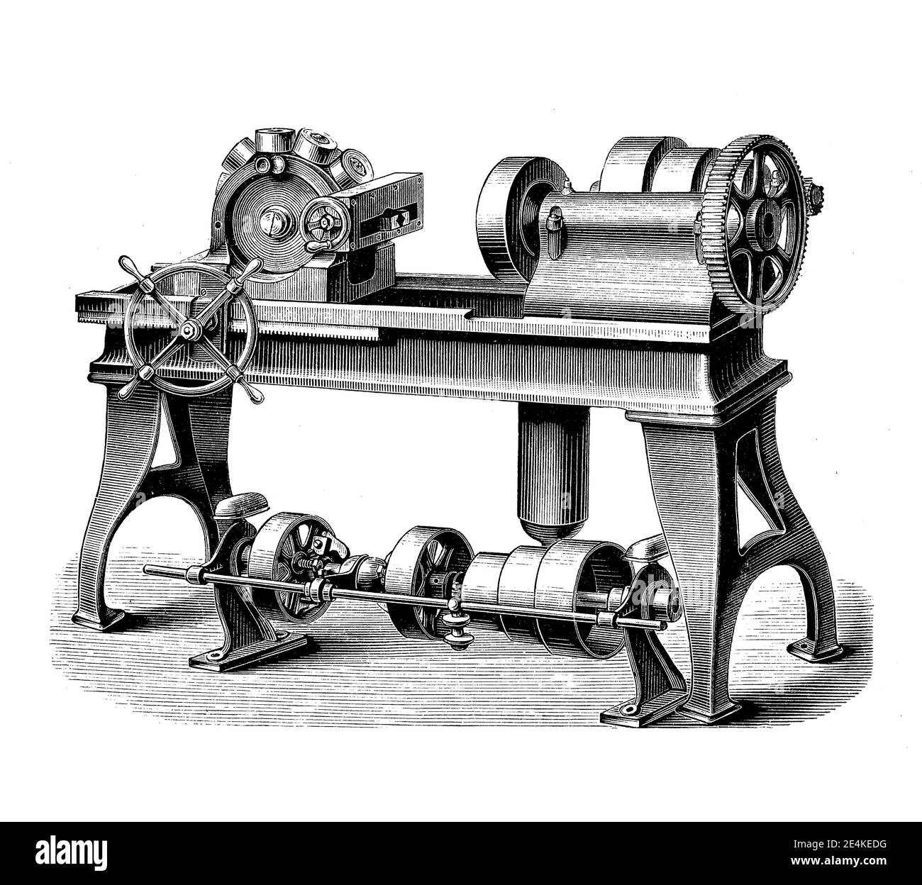 La máquina de cortador de pernos con cabeza de torreta permite realizar operaciones de corte, secuencialmente cada una con una herramienta de corte diferente, grabado del siglo 19 Foto de stock
