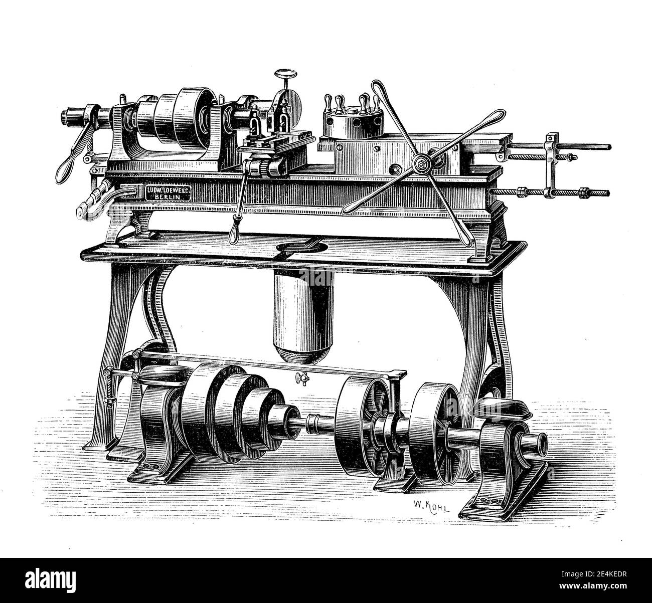 máquina de tornillo equipada con un cabezal de roscar que permite un trabajo de roscar más automatizado, grabado del siglo 19 Foto de stock