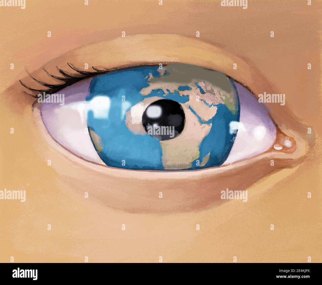 de cerca de un ojo yhe iris está hecho de un mundo curioso mirada metaphr surrealista ilustración digital Foto de stock