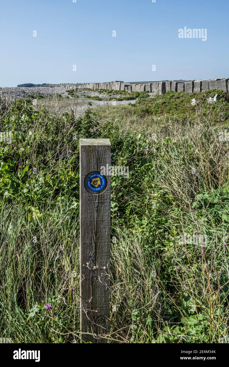 La playa de Aberthaw muestra guijarros y bloques antitanque en la Costa del Patrimonio de Glamourgan, Vale de Glamourgan Gales del Sur Foto de stock
