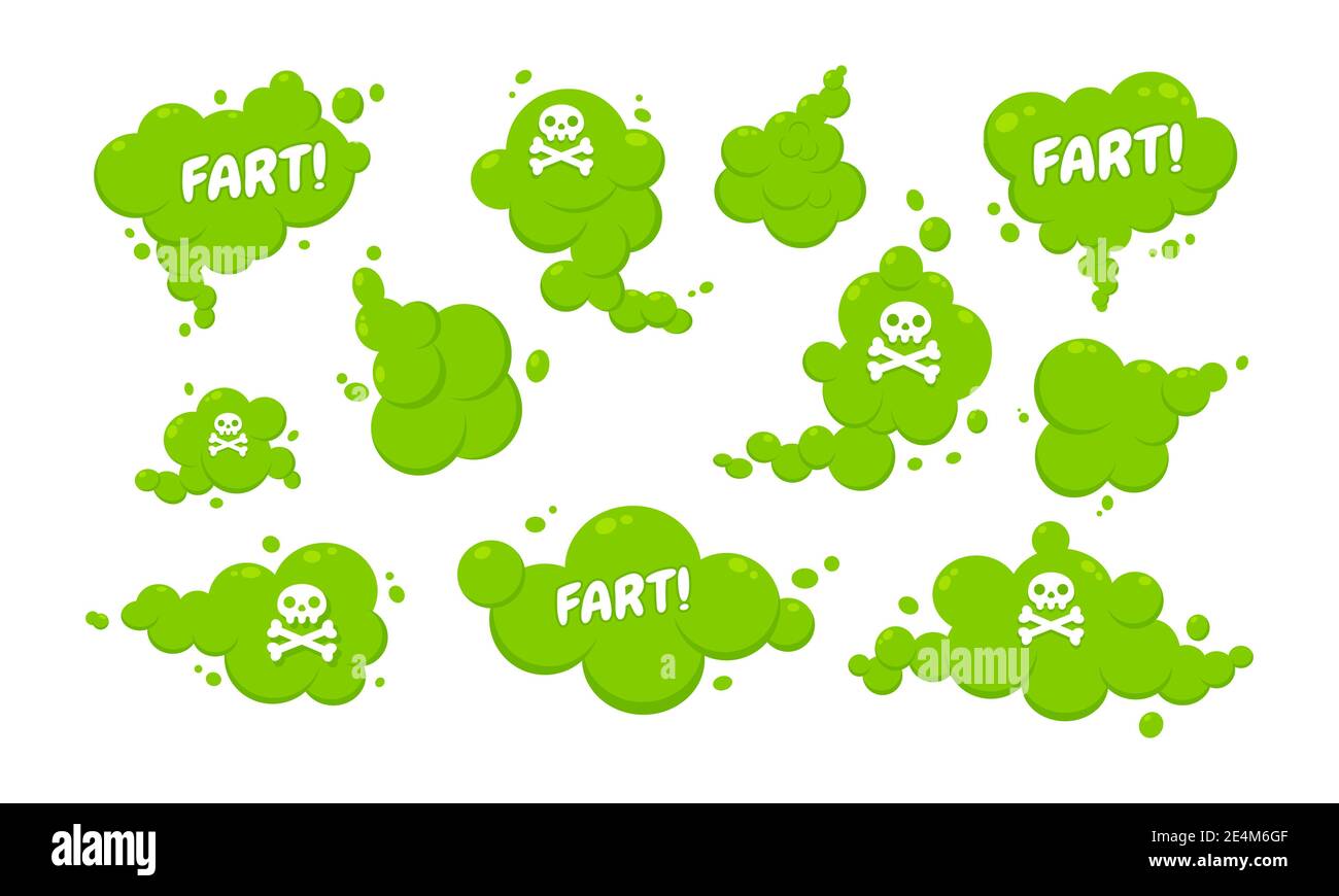 El olor verde dibujos animados fart nube de estilo plano ilustración vectorial con texto fart conjunto. Mal olor o olor tóxico caricatura humo nube aislada en w Ilustración del Vector