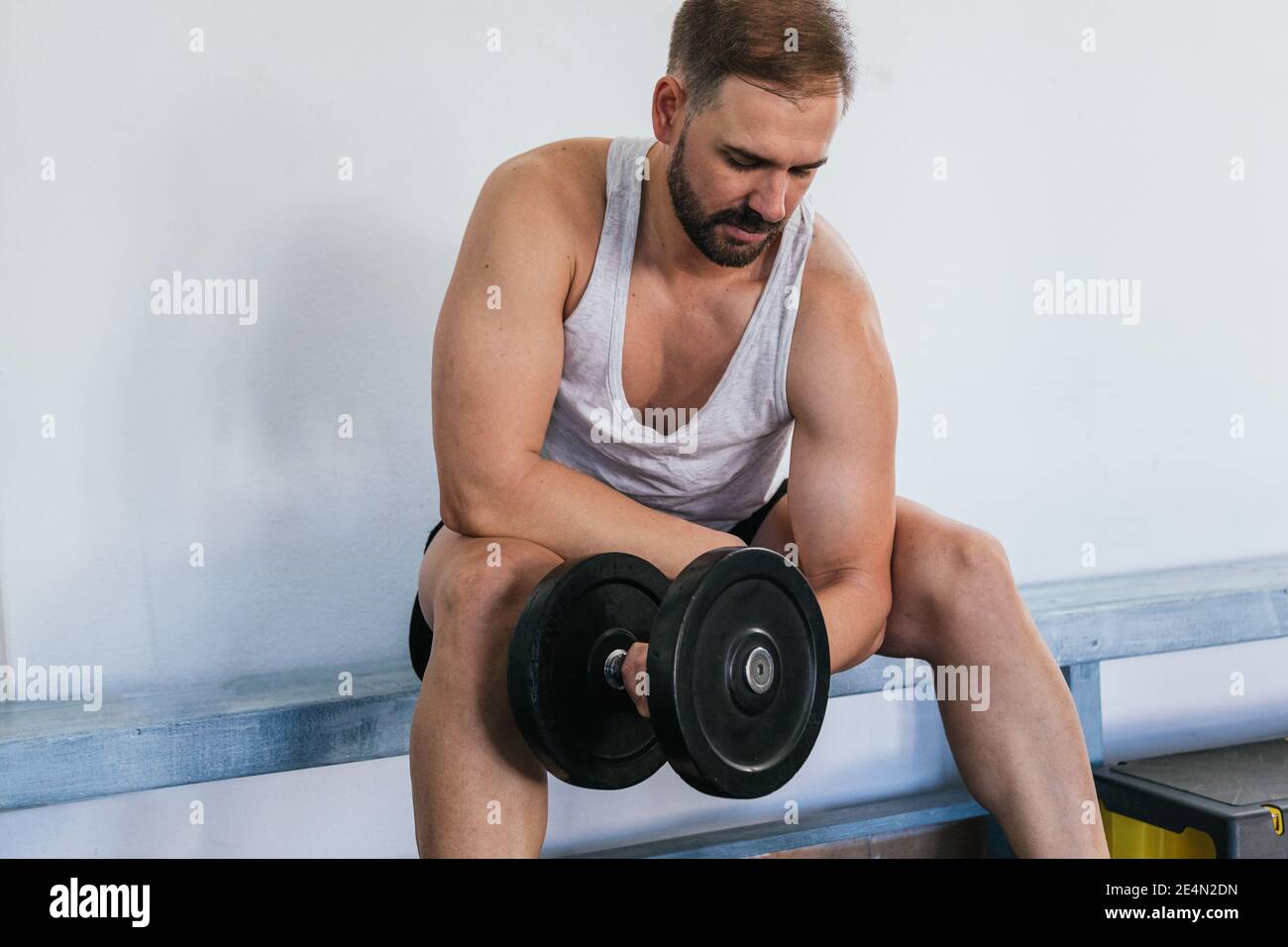Hombre haciendo ejercicios de bíceps con pesas en el gimnasio. Sentado en  un banco. Concepto de salud y bienestar Fotografía de stock - Alamy