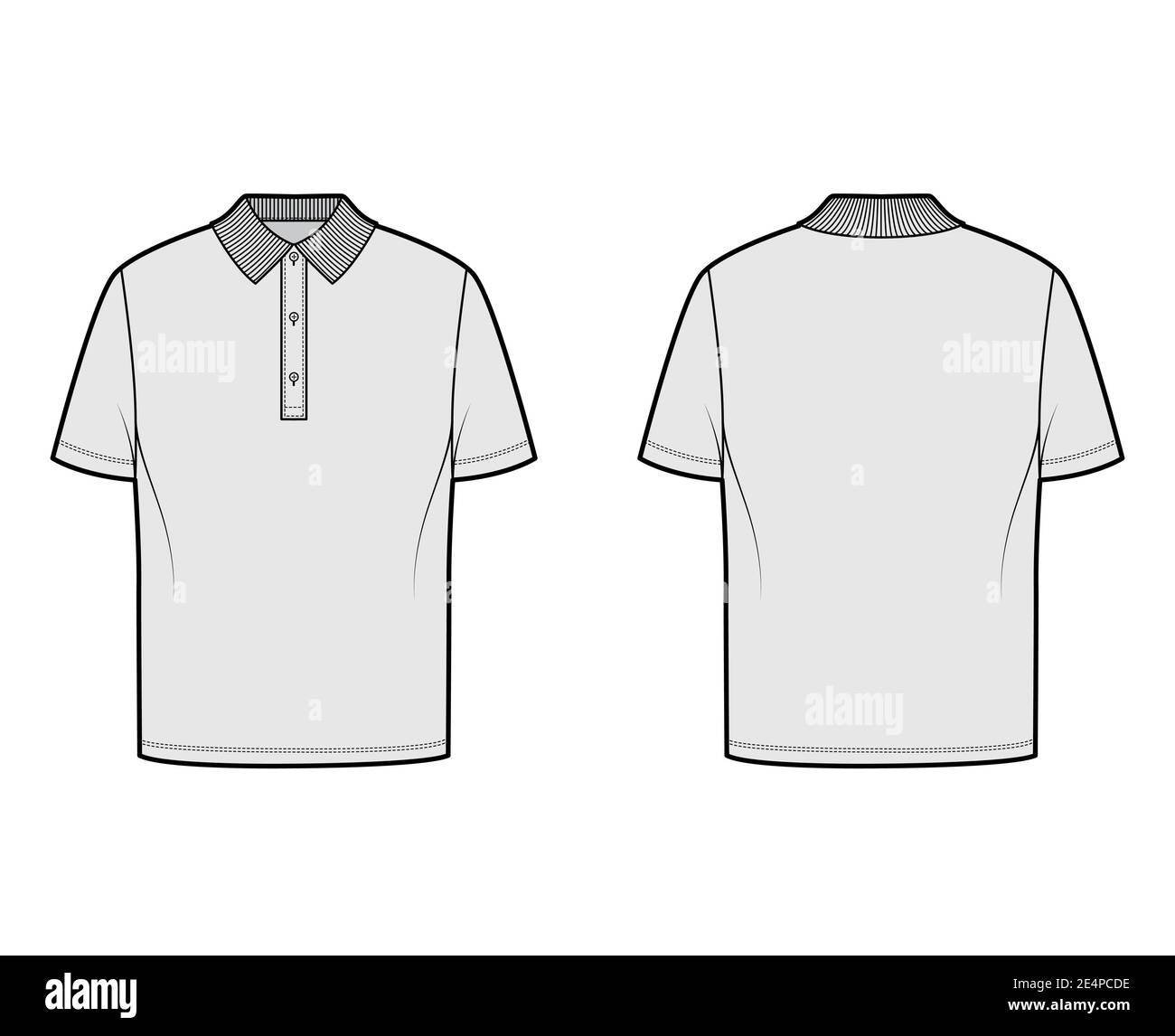 Polo camisa técnica ilustración de moda con manga corta, longitud túnica, cuello henley, cuello de punto plano de gran tamaño. Prendas top ropa de vestir plantilla frontal, espalda, color gris. Mujeres hombres Polo camisa técnica ilustración de moda con manga corta, longitud túnica, cuello henley, cuello de punto plano de gran tamaño. Prendas top ropa de vestir plantilla frontal, espalda, color gris. Mujeres hombres