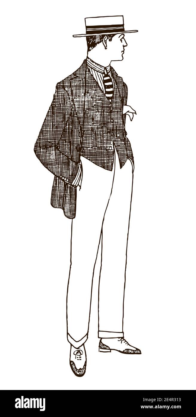 Alivio Terraplén Desviación Hombre de los años 20 en ropa de verano con las manos en sus bolsillos, con  un sombrero de jabalí, una chaqueta de lino y chaleco y mirando hacia un  lado Imagen