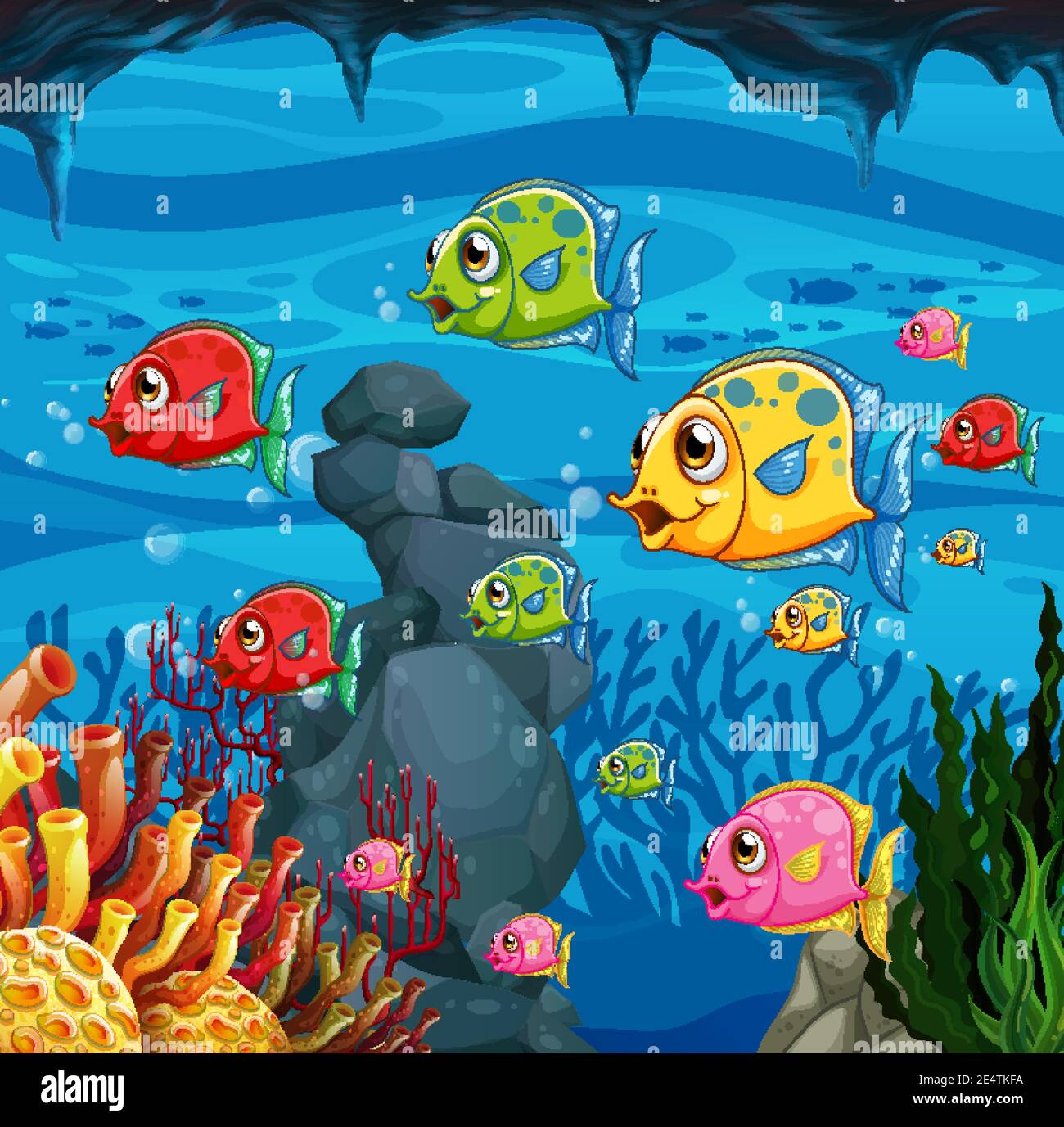 Muchos peces exóticos personaje de dibujos animados en la escena submarina con ilustración de corales Imagen Vector de stock - Alamy Muchos peces exóticos personaje de dibujos animados en la escena submarina con ilustración de corales Imagen Vector de stock - Alamy