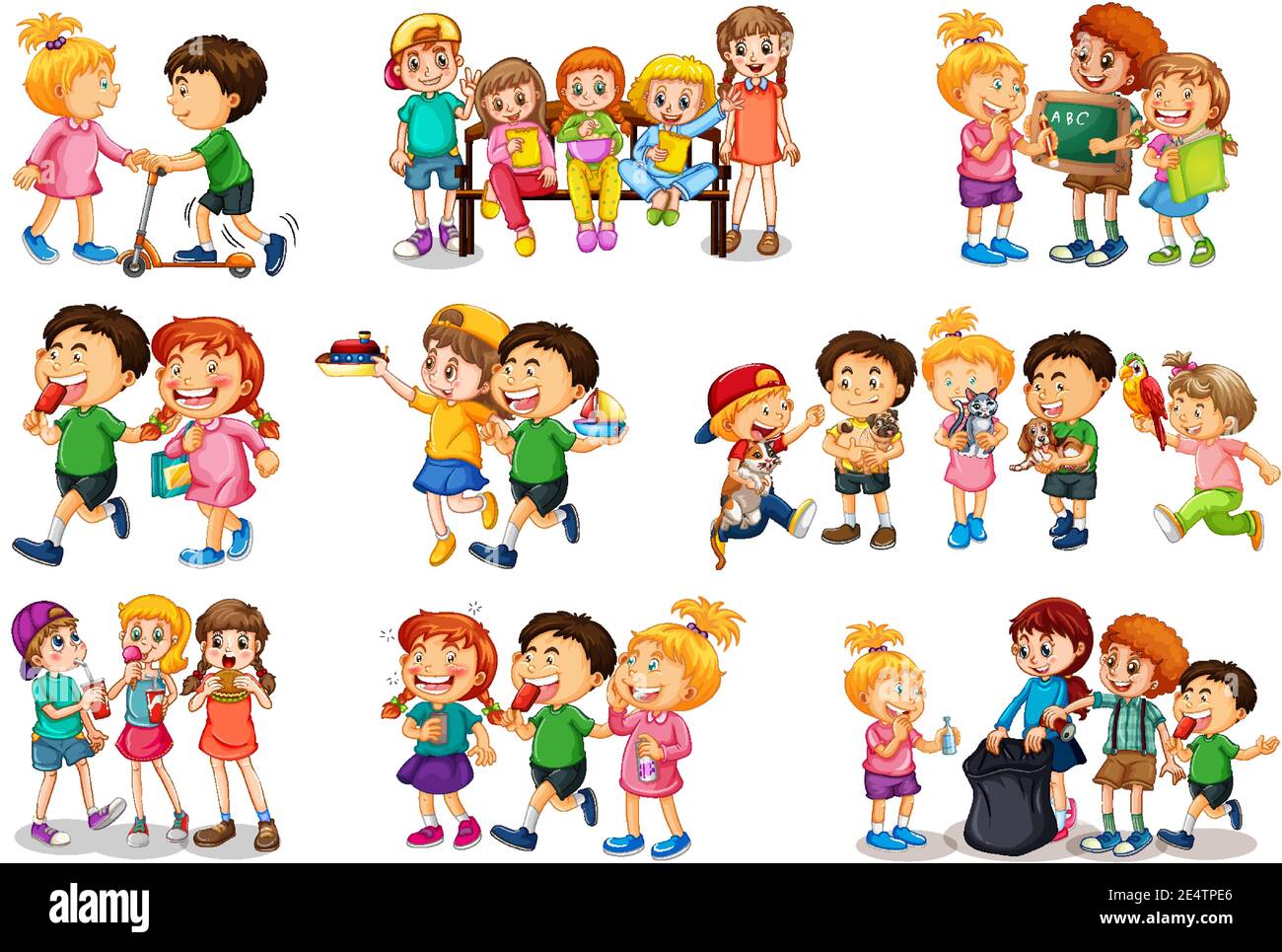 Niños jugando a diferentes juegos y juguetes. personajes ambientados en  estilo de dibujos animados. juego infantil con juguetes, personajes,  ilustración de juegos de niñas y niños