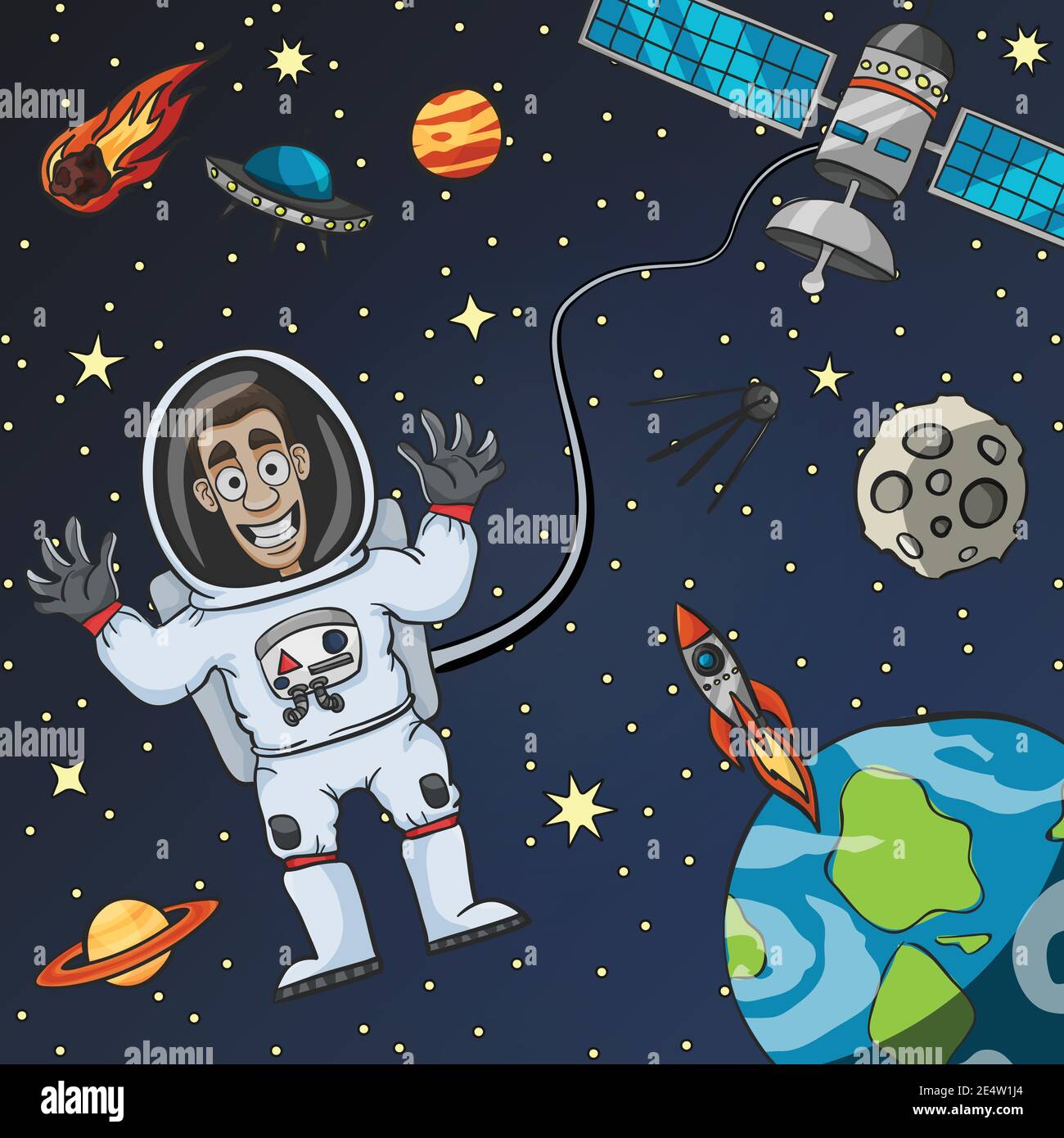 Astronauta de dibujos animados en el espacio con satélite de la tierra de  la luna y el vuelo platillo sobre ilustración vectorial de fondo Imagen  Vector de stock - Alamy