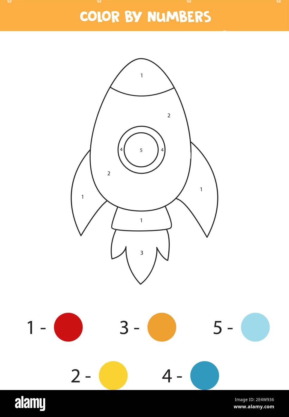 Página para colorear con cohete de dibujos animados. Color por números.  Juego de matemáticas para niños Imagen Vector de stock - Alamy