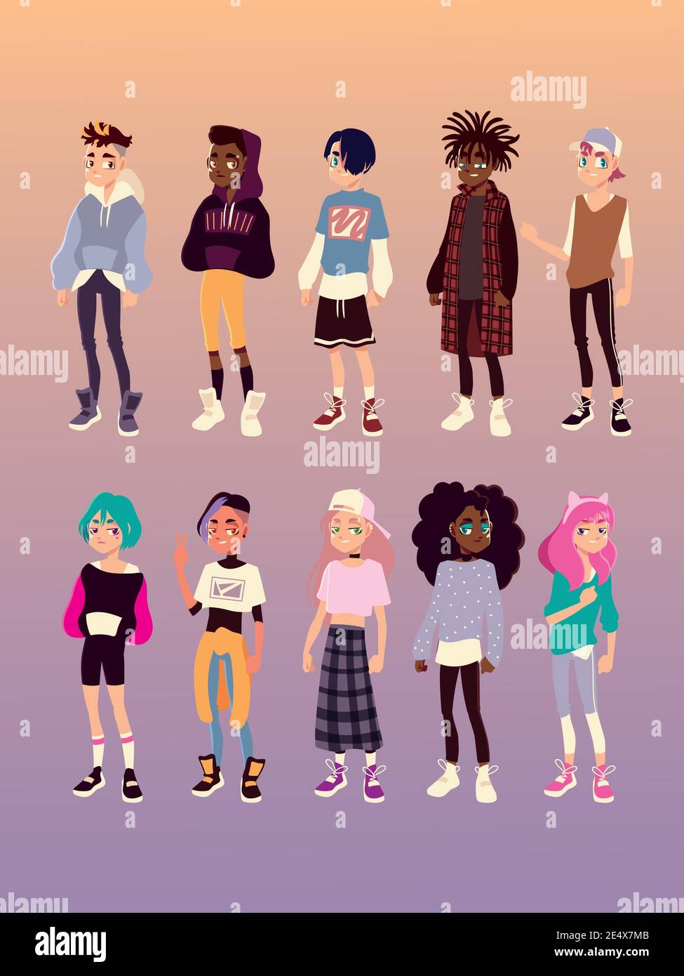 retrato de niños niñas con ropa de moda, jóvenes cultura vector ilustración  Imagen Vector de stock - Alamy