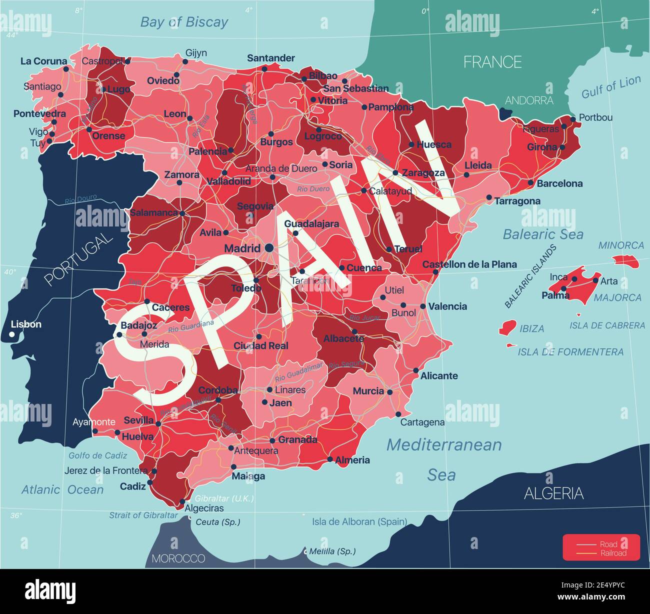 España país mapa detallado editable con regiones ciudades y pueblos, carreteras y ferrocarriles, sitios geográficos. Archivo vectorial EPS-10 Ilustración del Vector