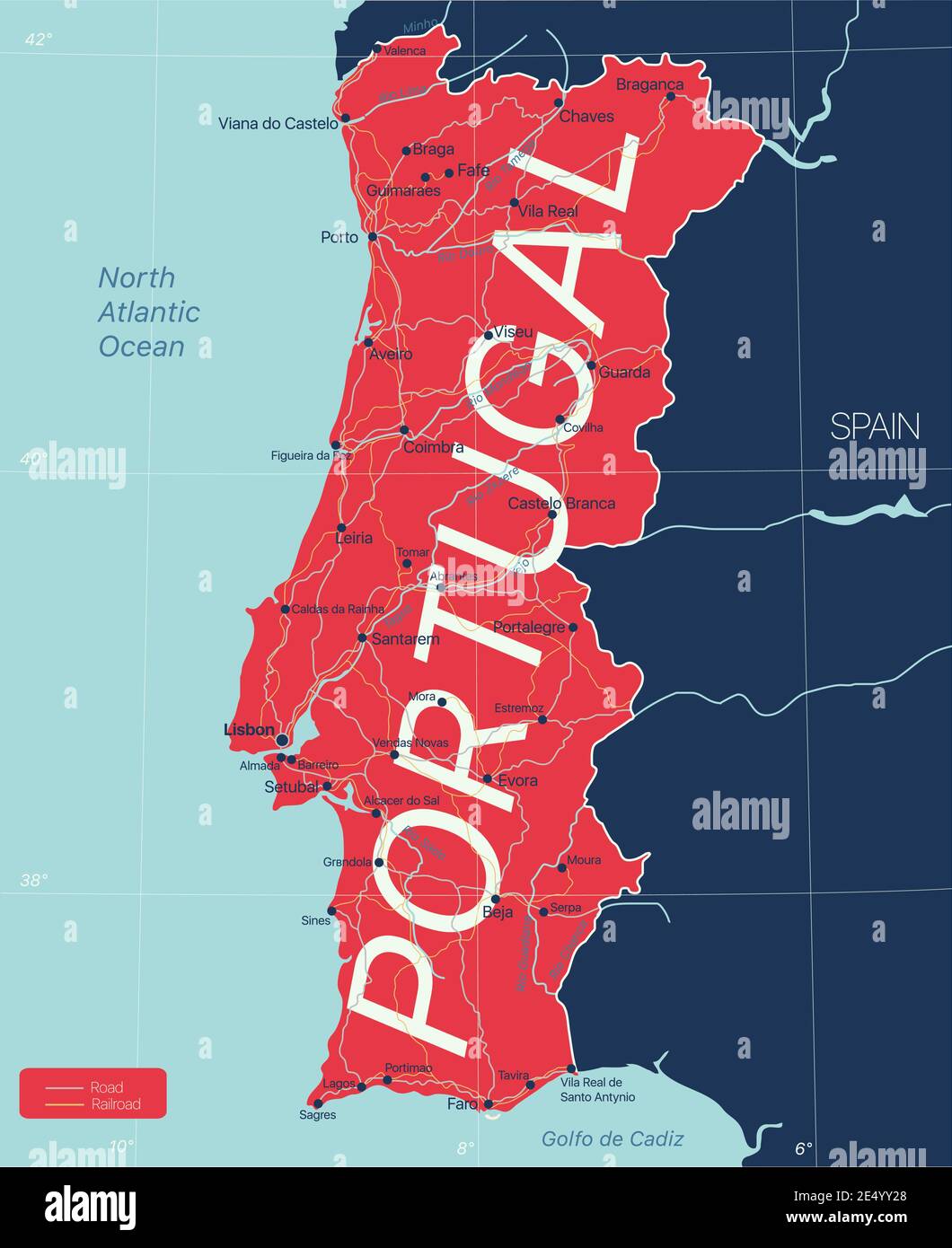 Portugal país mapa detallado editable con regiones ciudades y pueblos,  carreteras y ferrocarriles, sitios geográficos. Archivo vectorial EPS-10  Imagen Vector de stock - Alamy