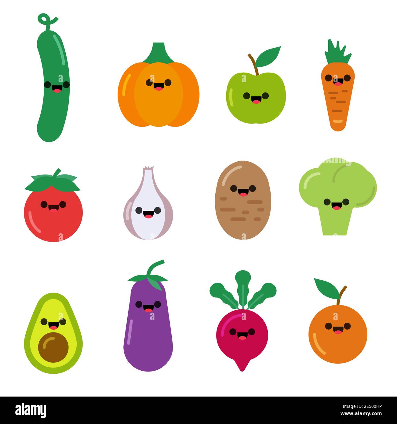 Colección de dibujos animados de verduras lindo carácter. Kawaii comida  divertida verduras conjunto aislado blanco. Gracioso sonrisa orgánico  carácter lindo Imagen Vector de stock - Alamy