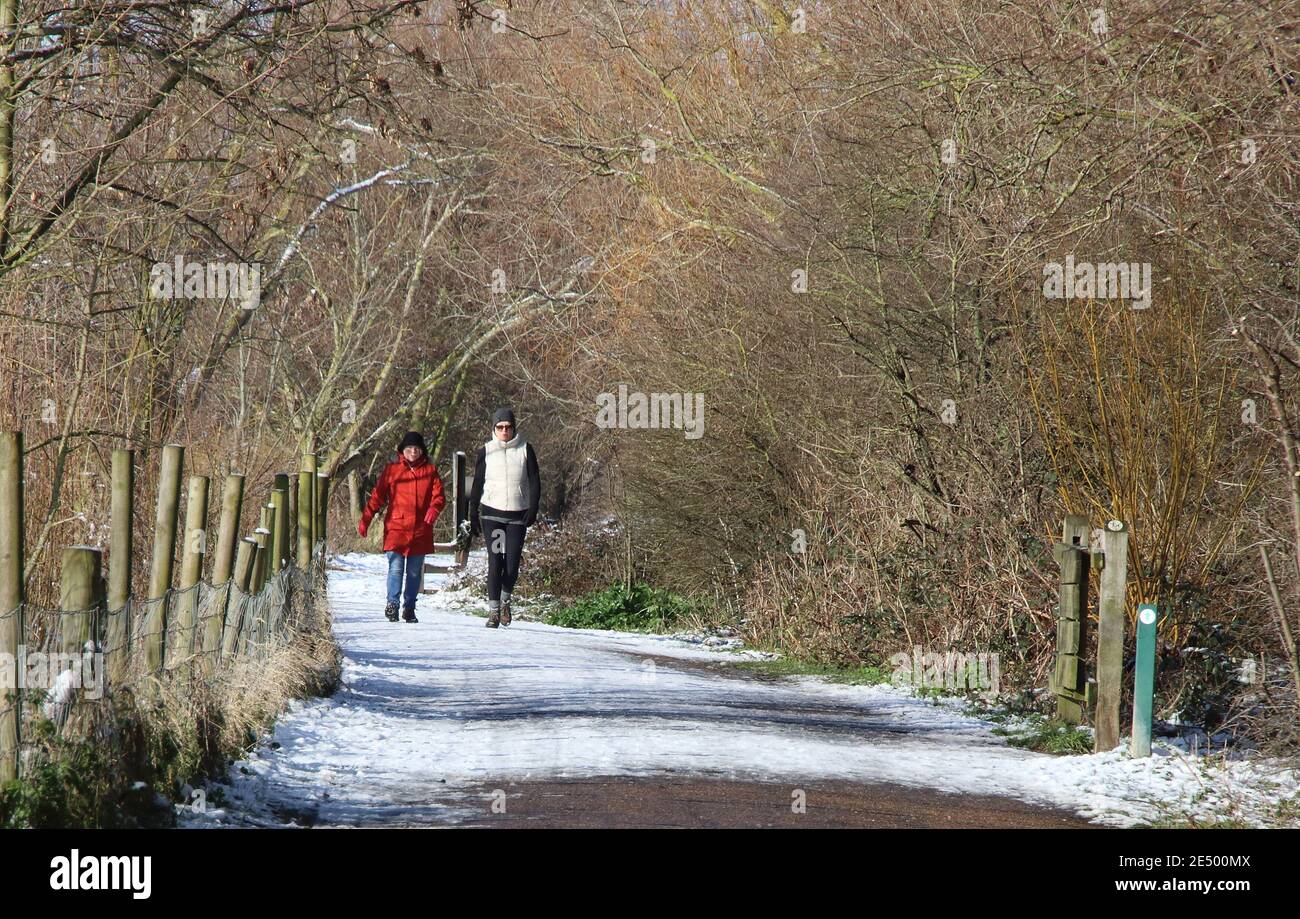 Bedford, Reino Unido. 25 de enero de 2021. Gente en la nieve con nieve habiendo caído sobre gran parte del sur y el este del país el domingo, el sol salió para el lunes. Blue Skies y el sol hicieron que las cosas más pequeñas paren pintorescas. Bedford tuvo su primera Nevada significativa en varios años. Bedford, Reino Unido Lunes 25 de enero de 2021 crédito: KEITH MAYHEW/Alamy Live News Foto de stock